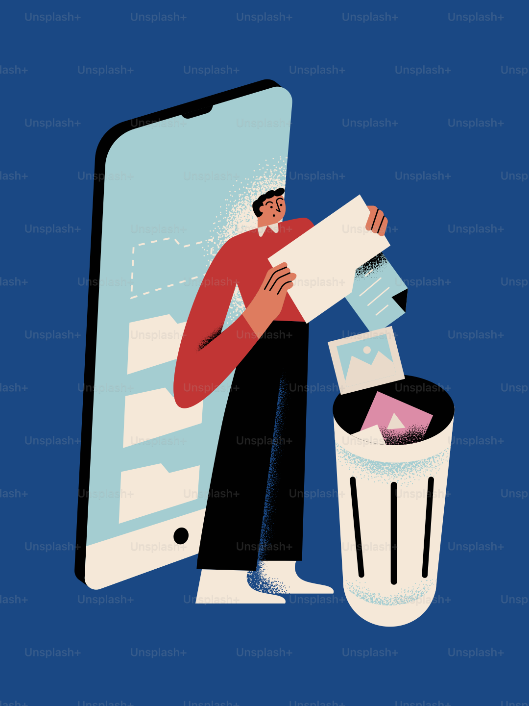 Man deleting files from a smartphone into a trash can.