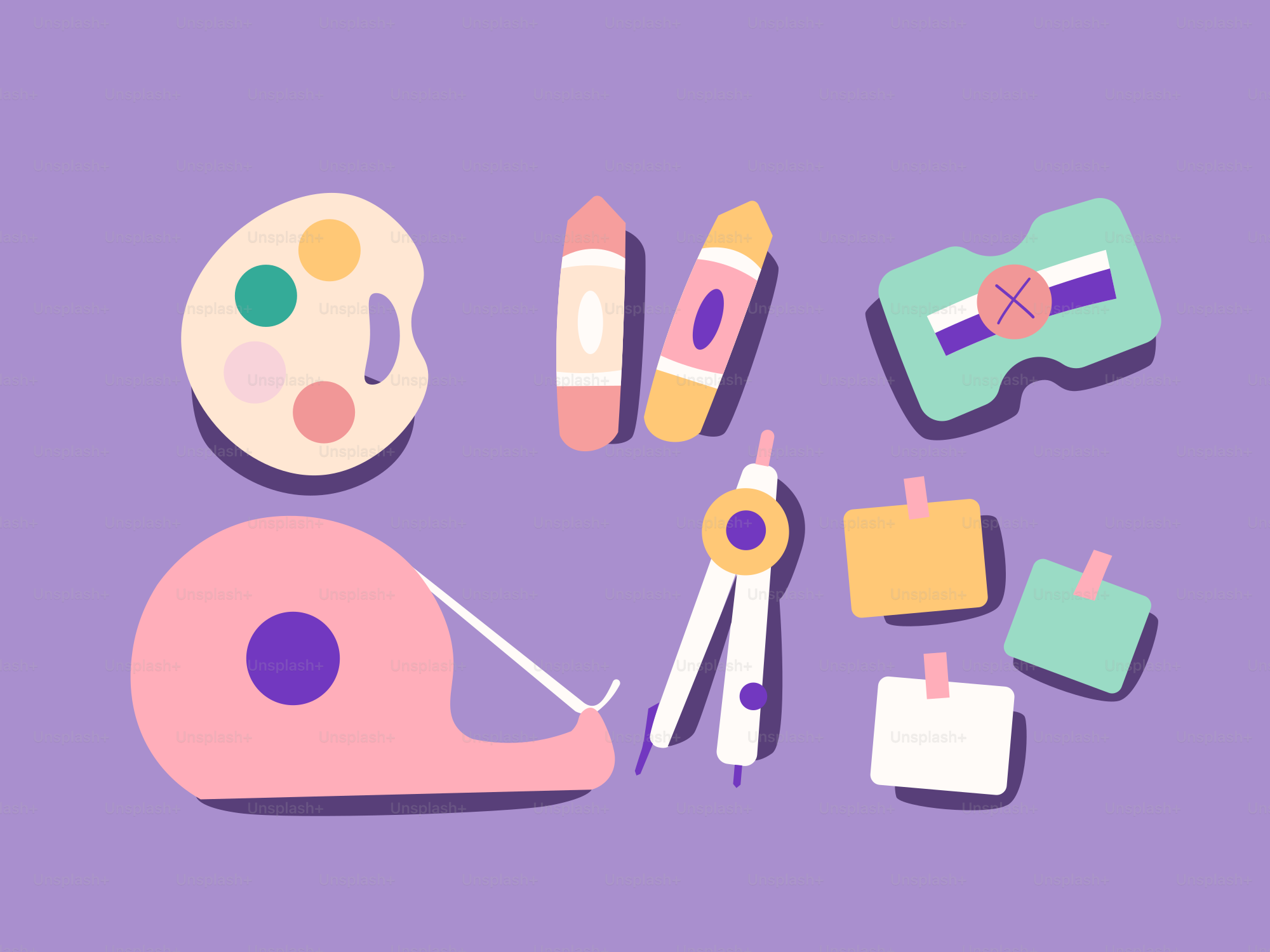 Materiales de arte dispuestos sobre un fondo morado