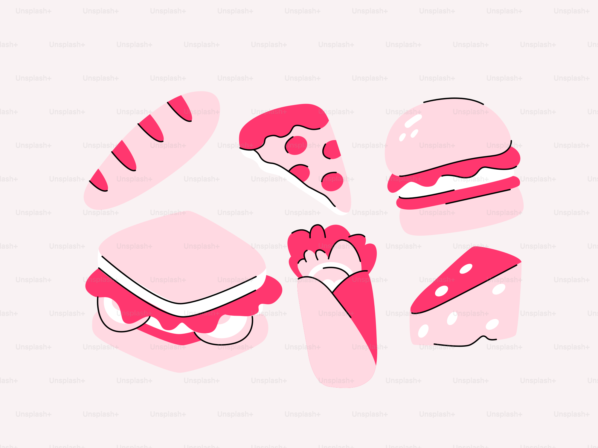 Various pink fast food items arranged on a light background.