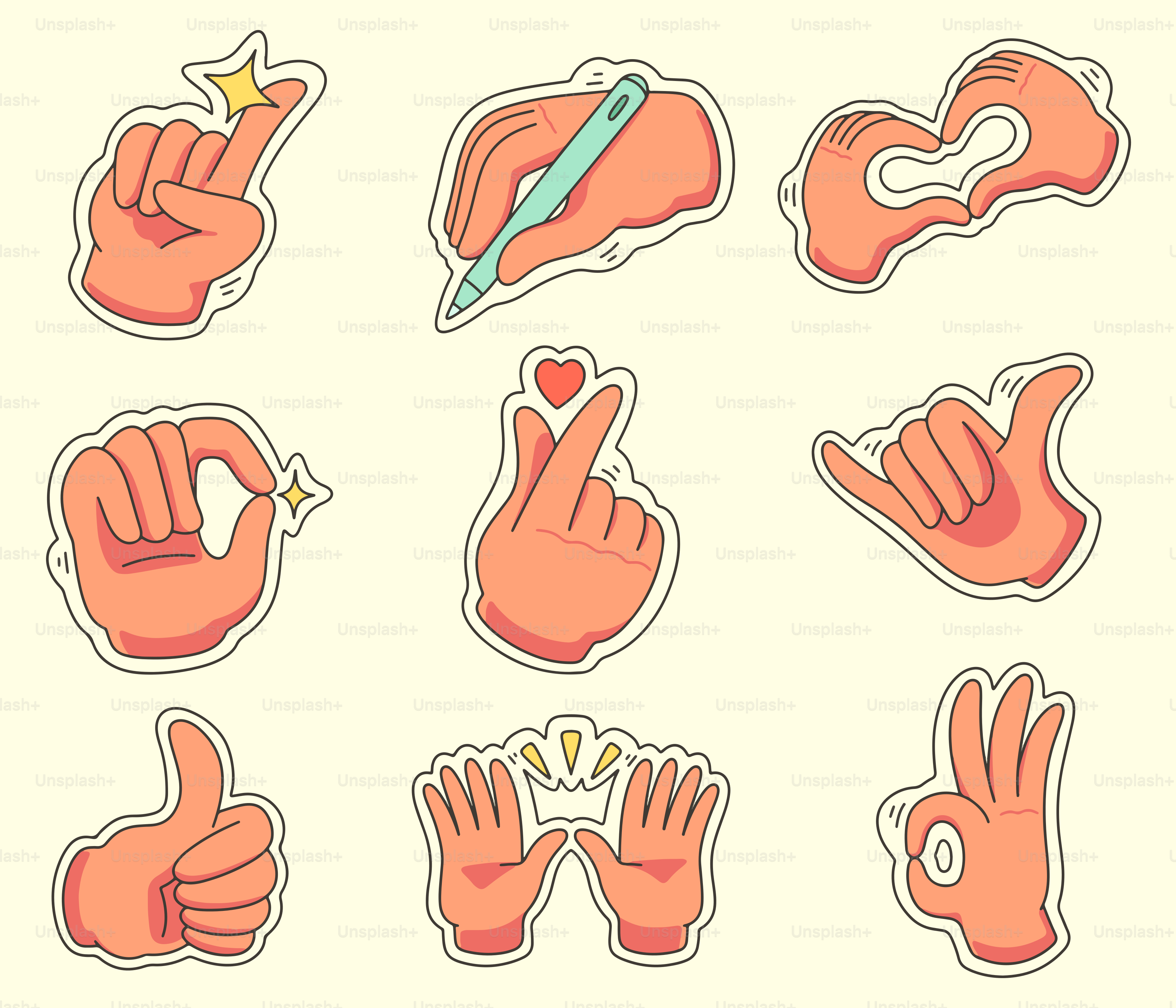 Collection of cartoon hands making various gestures