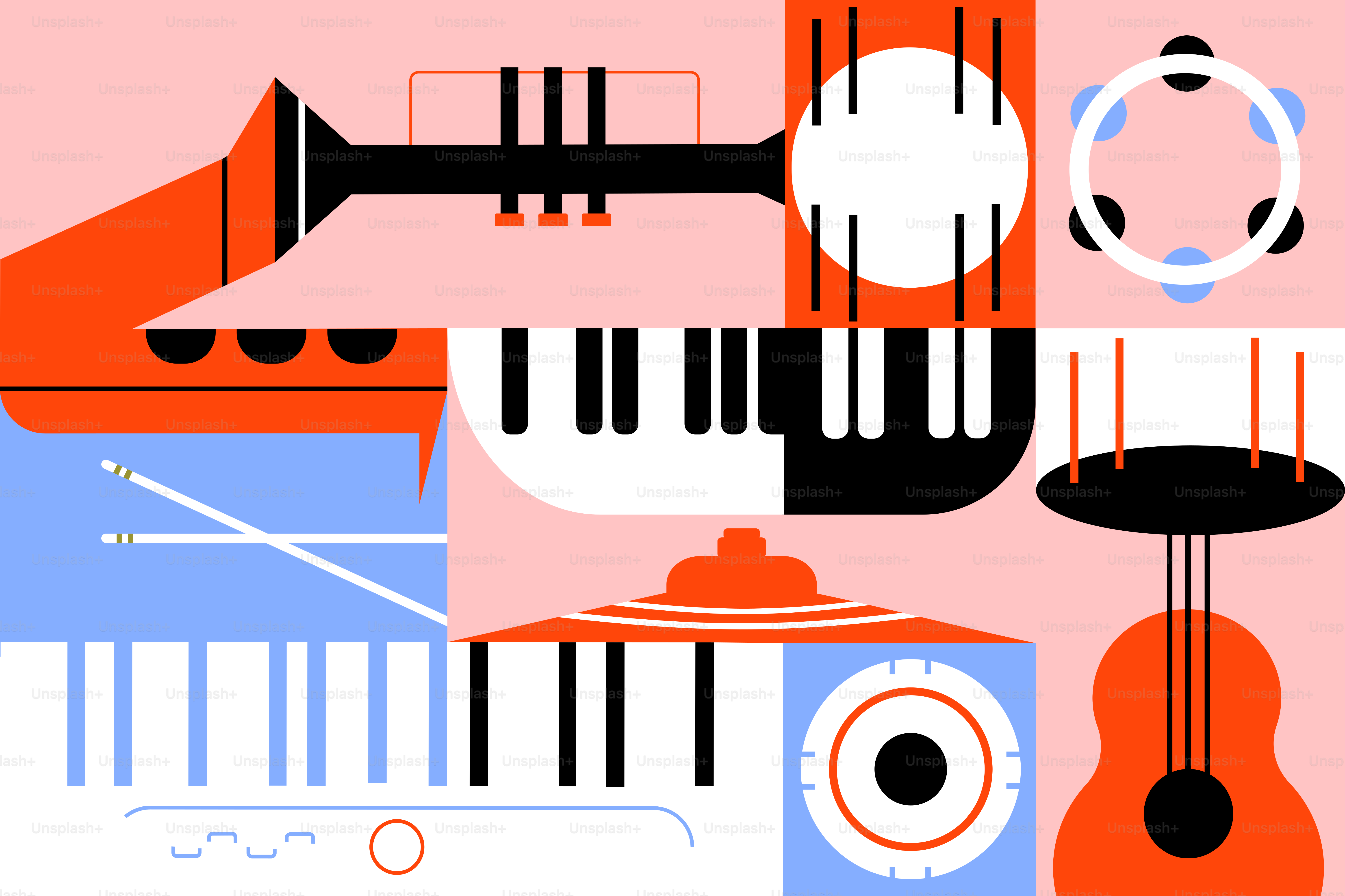 Arreglo abstracto de instrumentos musicales y teclas