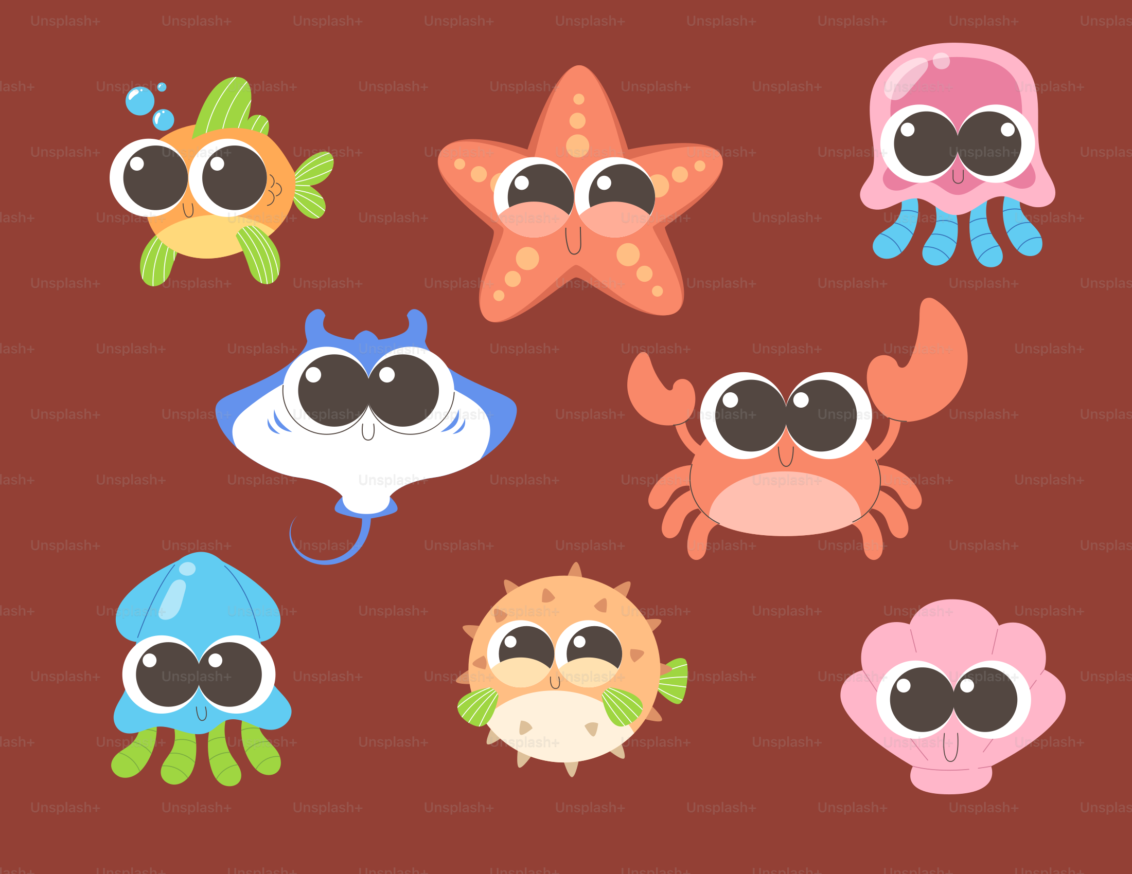 Collection of cute cartoon sea creatures on brown background