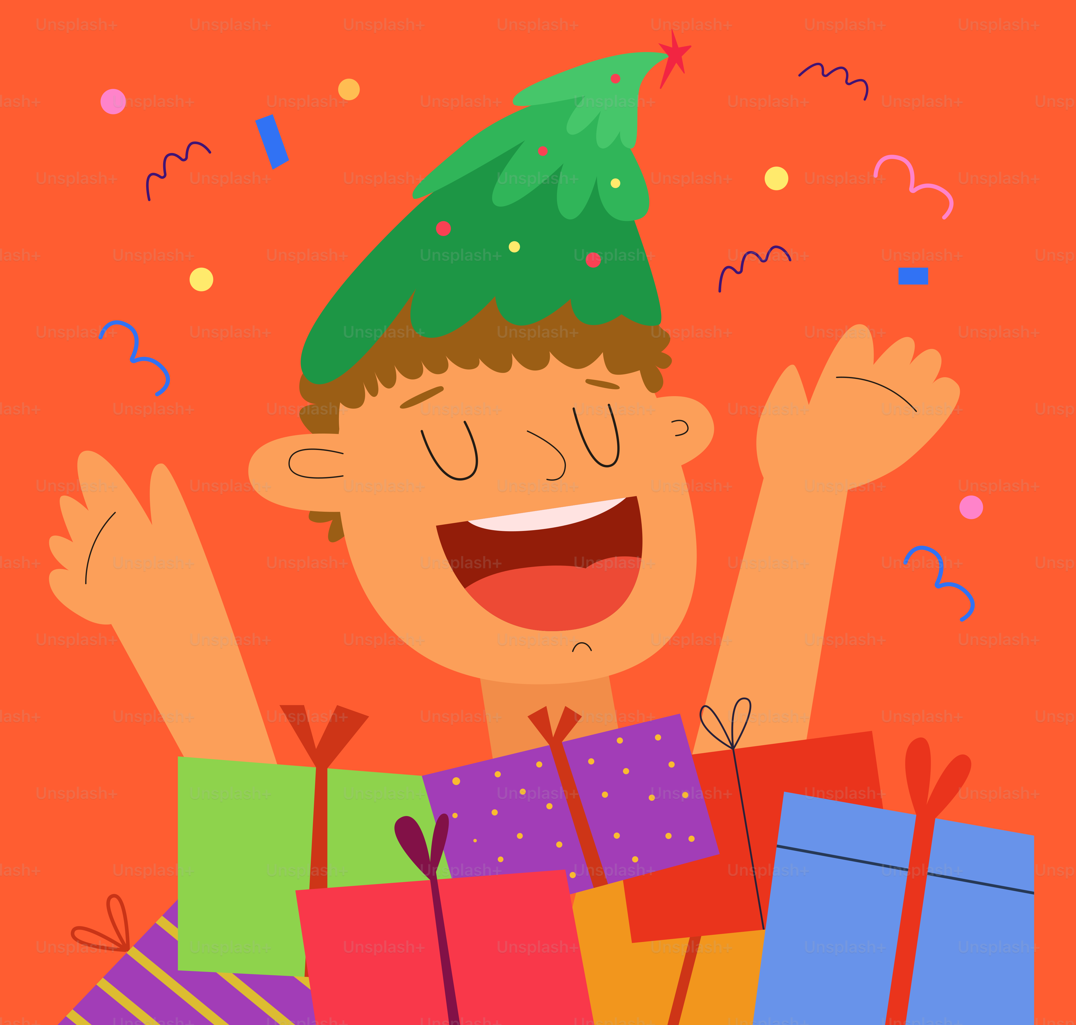 A person wearing a christmas tree hat with gifts.