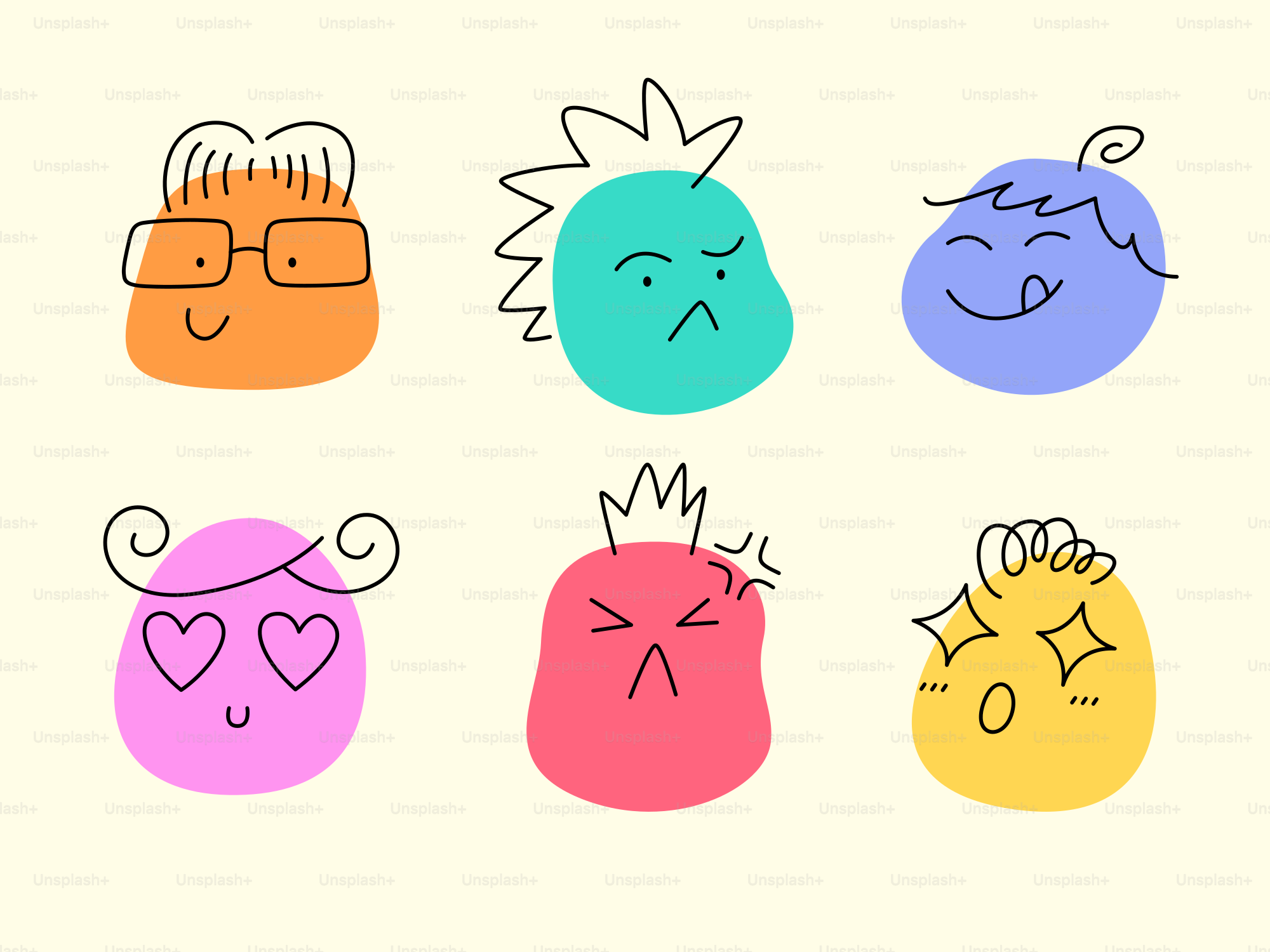 Six cartoon faces with different expressions