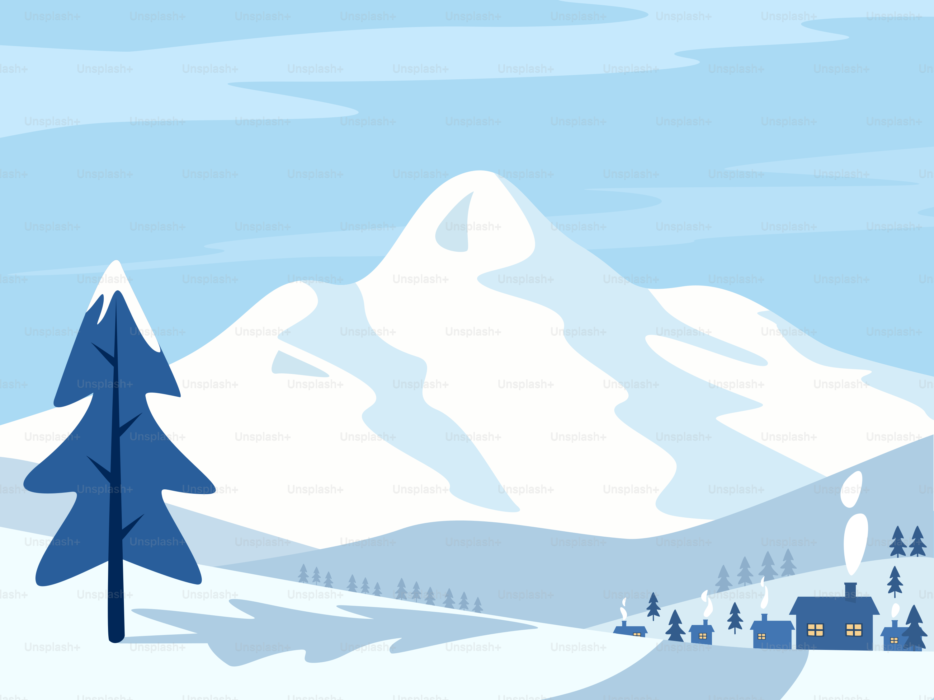 Paisaje montañoso nevado con pequeño pueblo y árboles