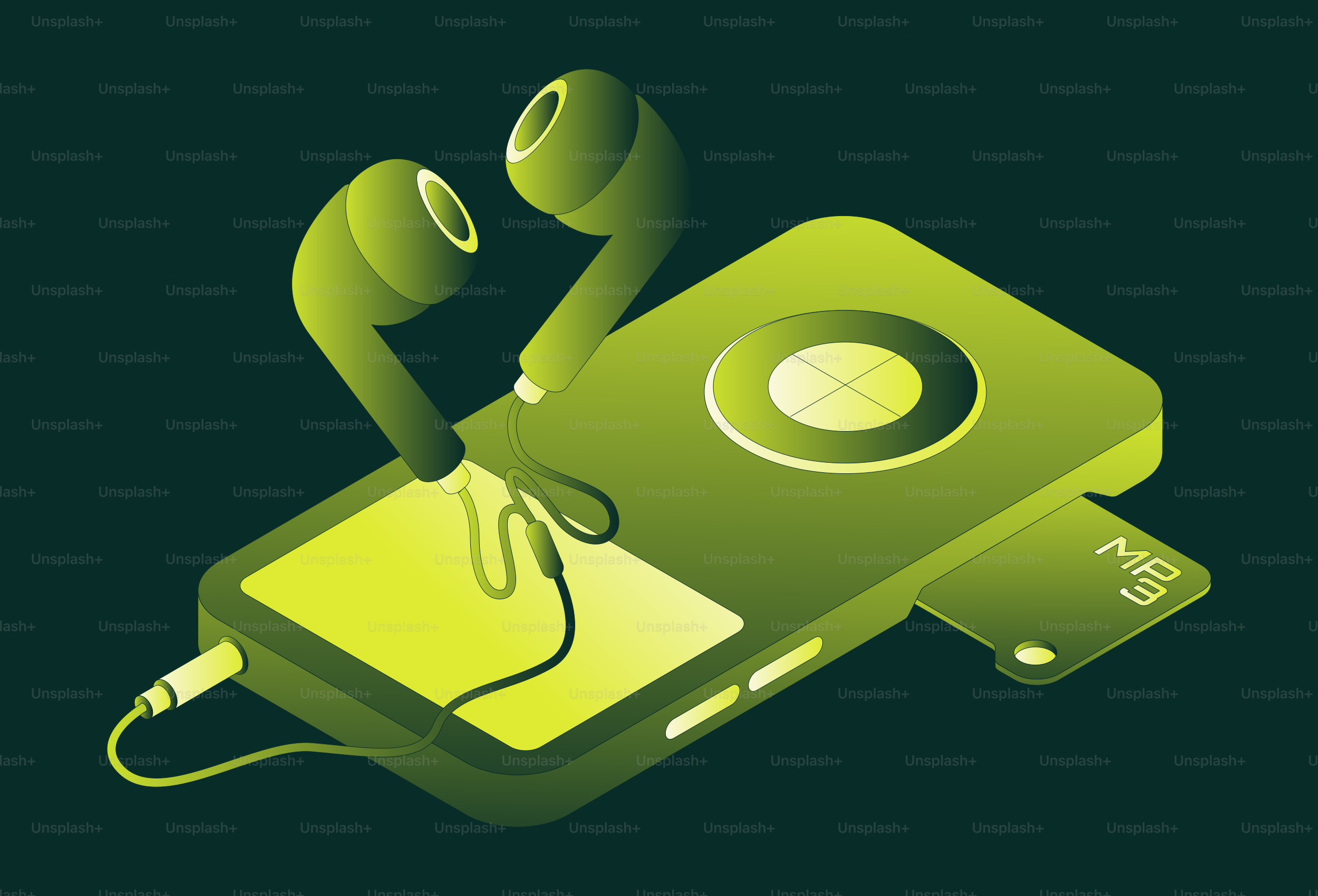 Green mp3 player with earbuds on dark background