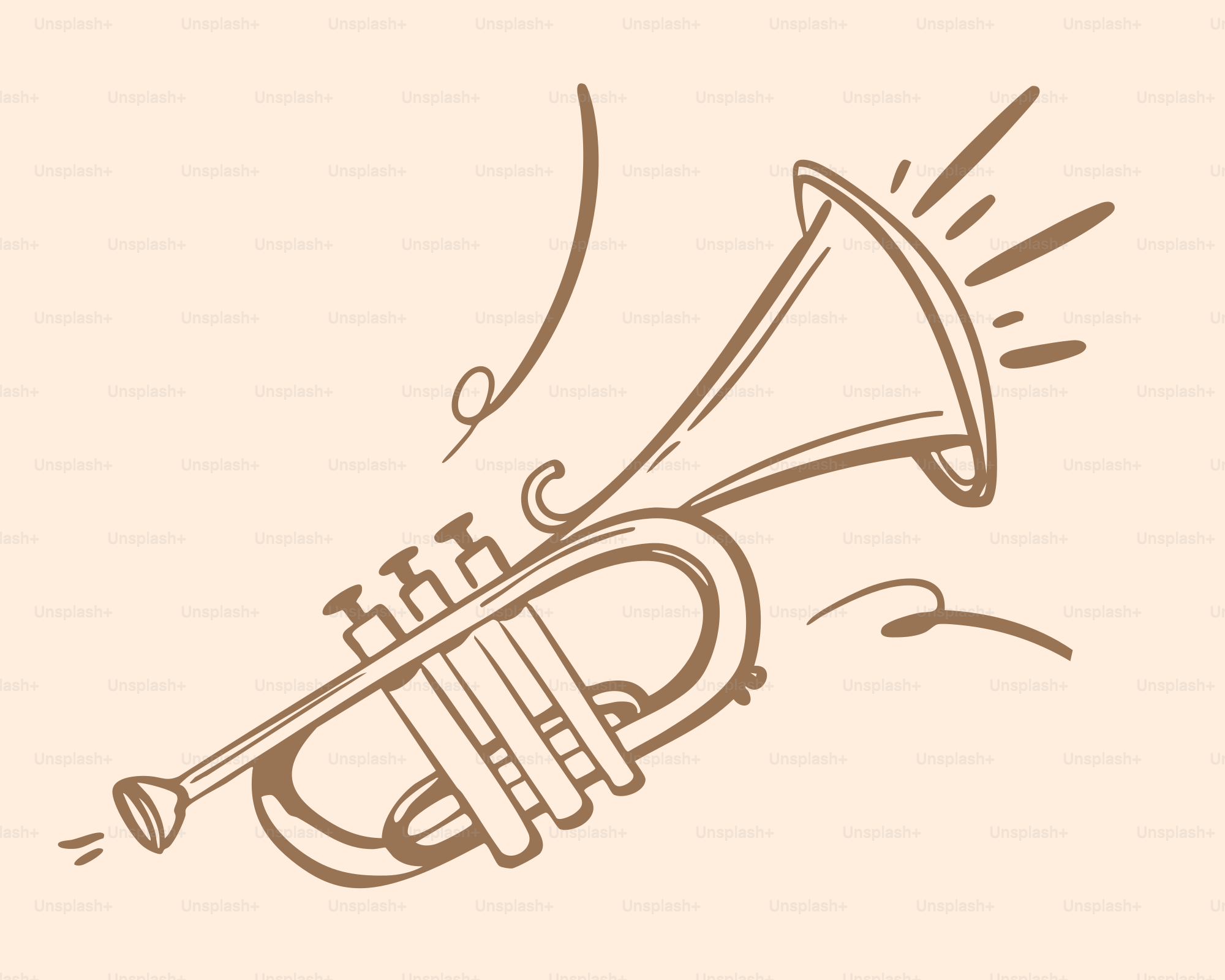 Un dessin stylisé d’une trompette avec des notes musicales.