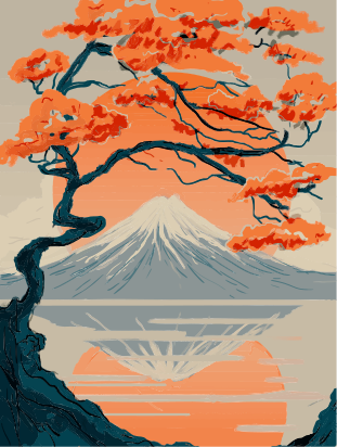 A stylized tree with orange leaves faces a snow-capped mountain.