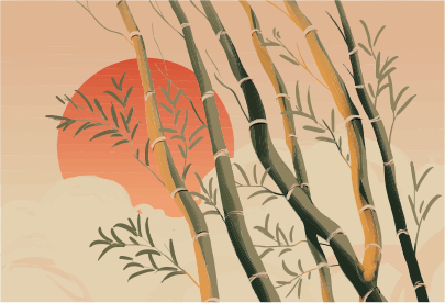 Bamboo stalks silhouetted against a hazy sunset