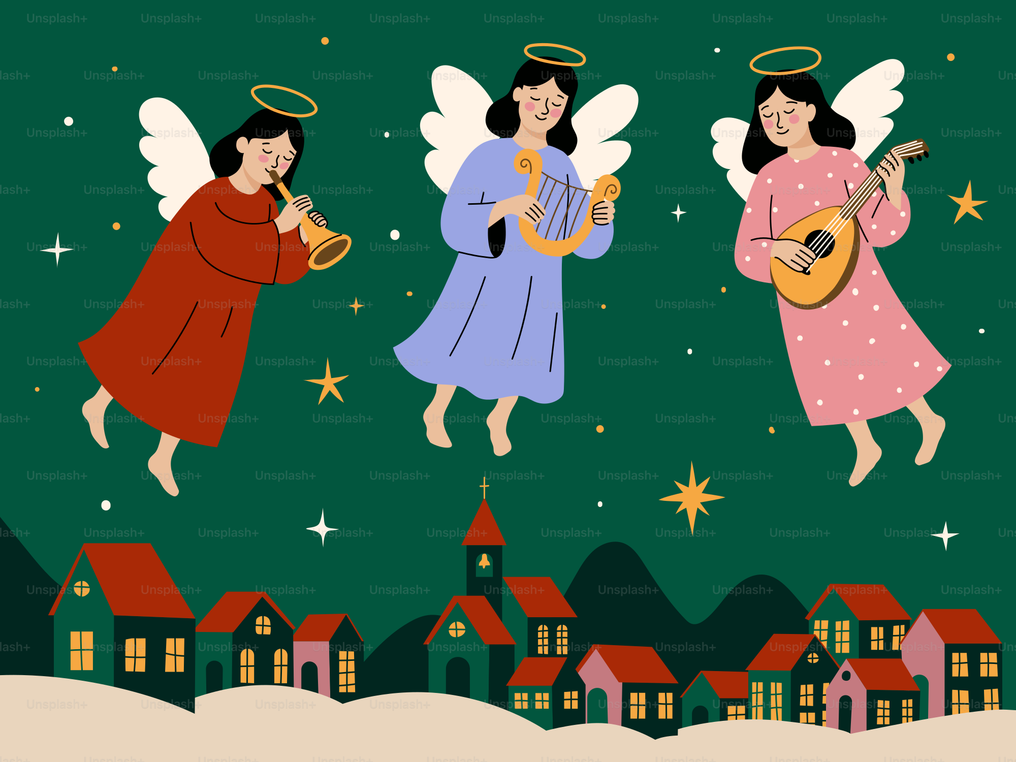 Three angels play music above a village at night.