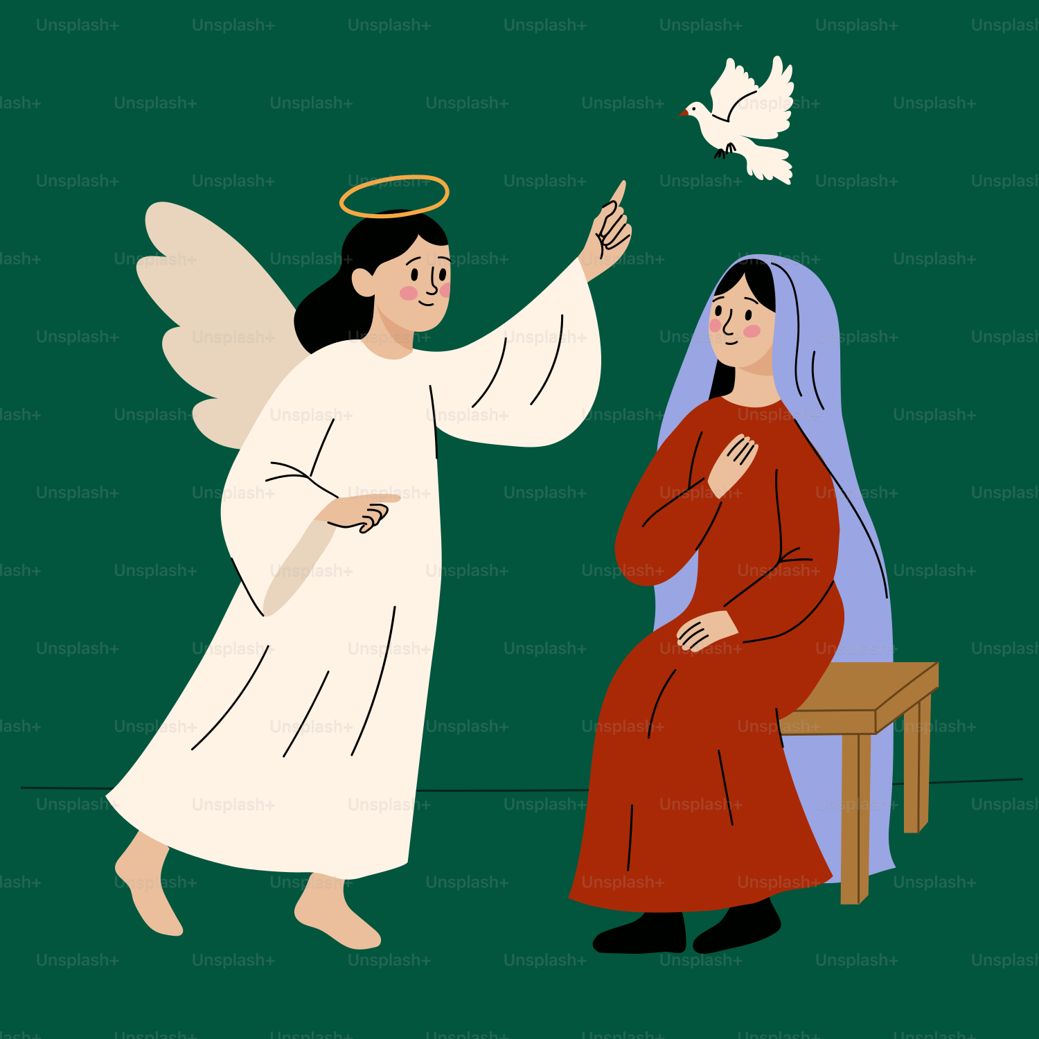 Angel visita Mary com uma pomba acima de sua cabeça.