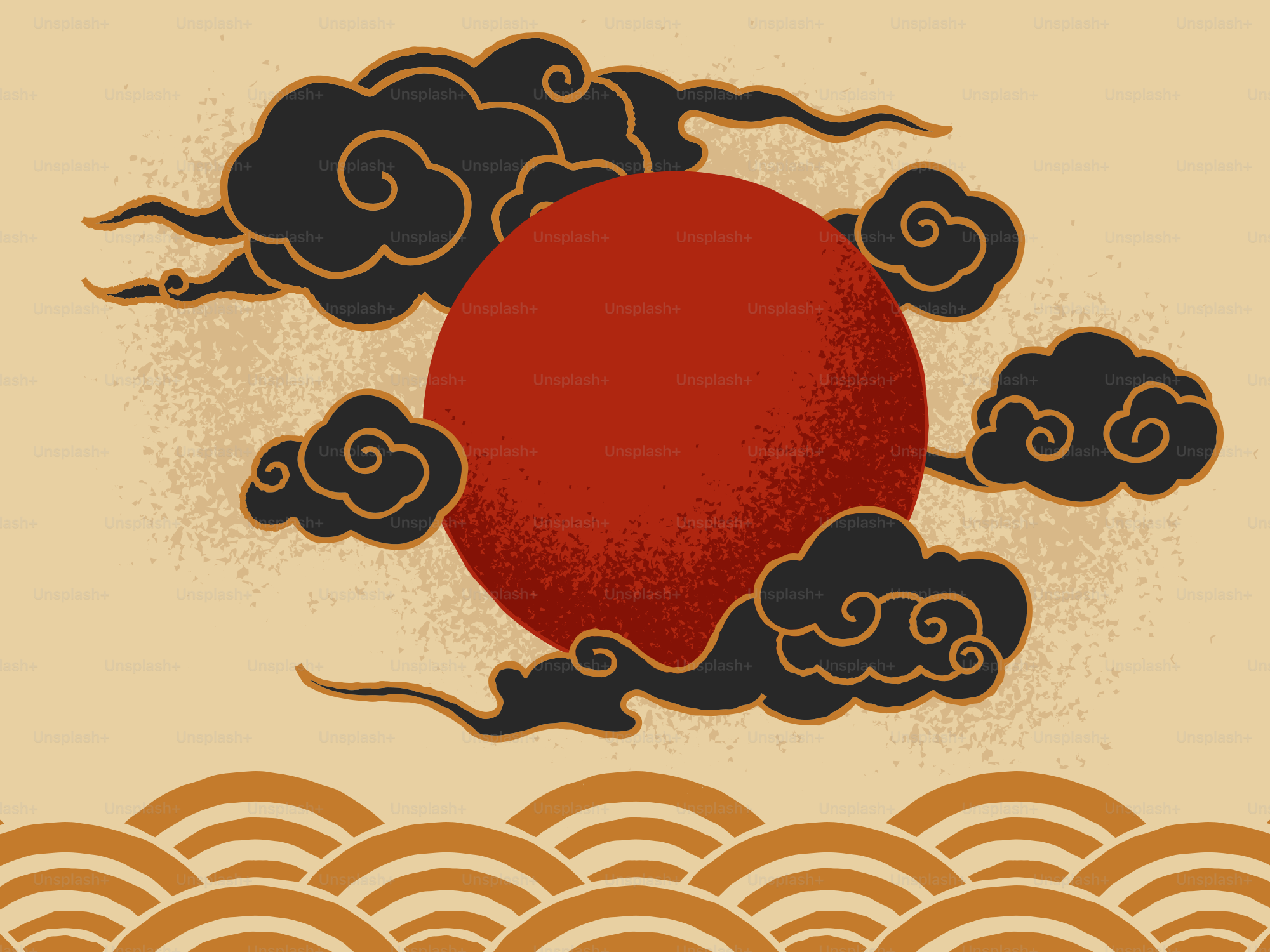 Red sun behind dark clouds with wave pattern