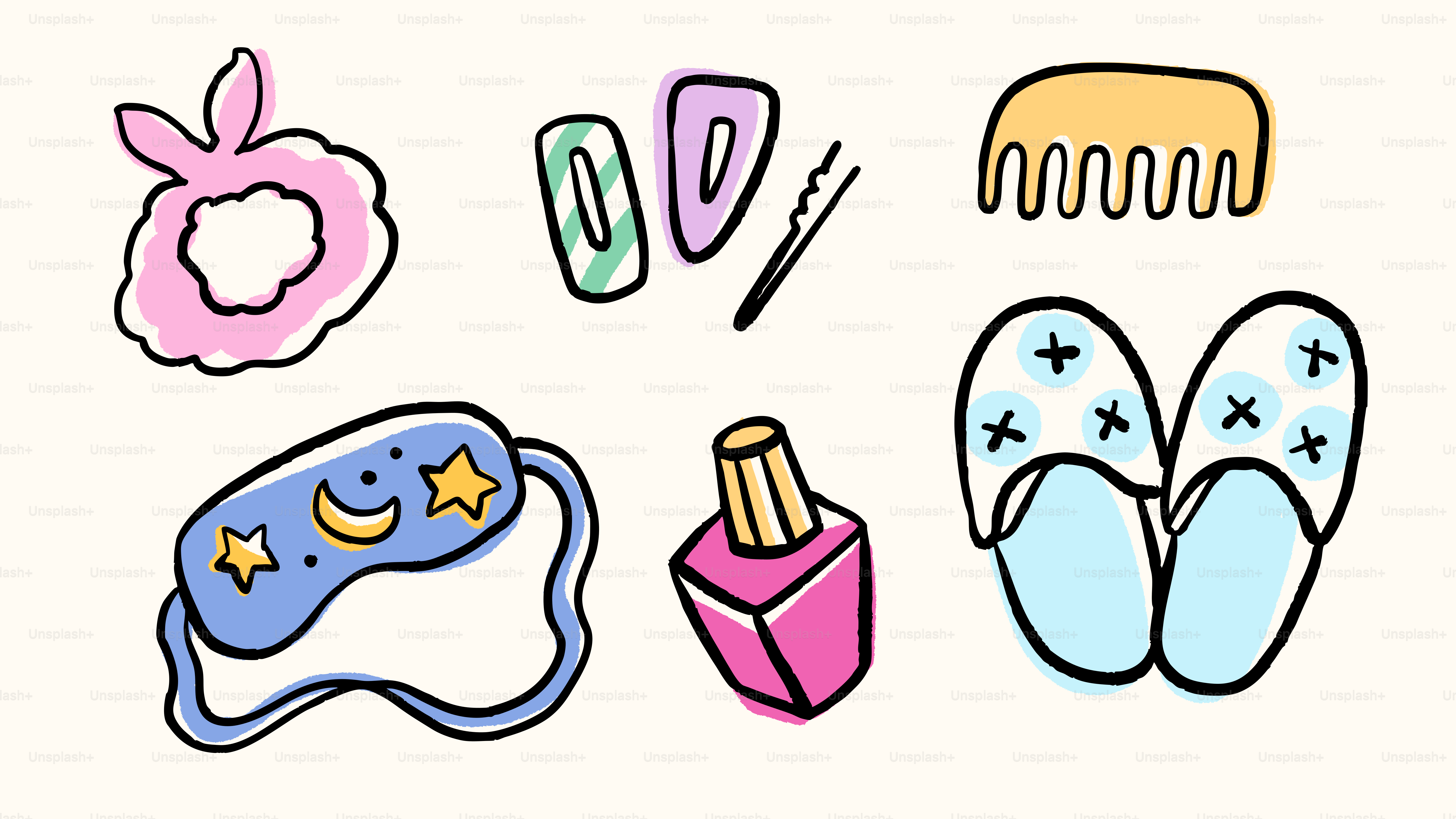 Various beauty and sleep accessories arranged on a light background.