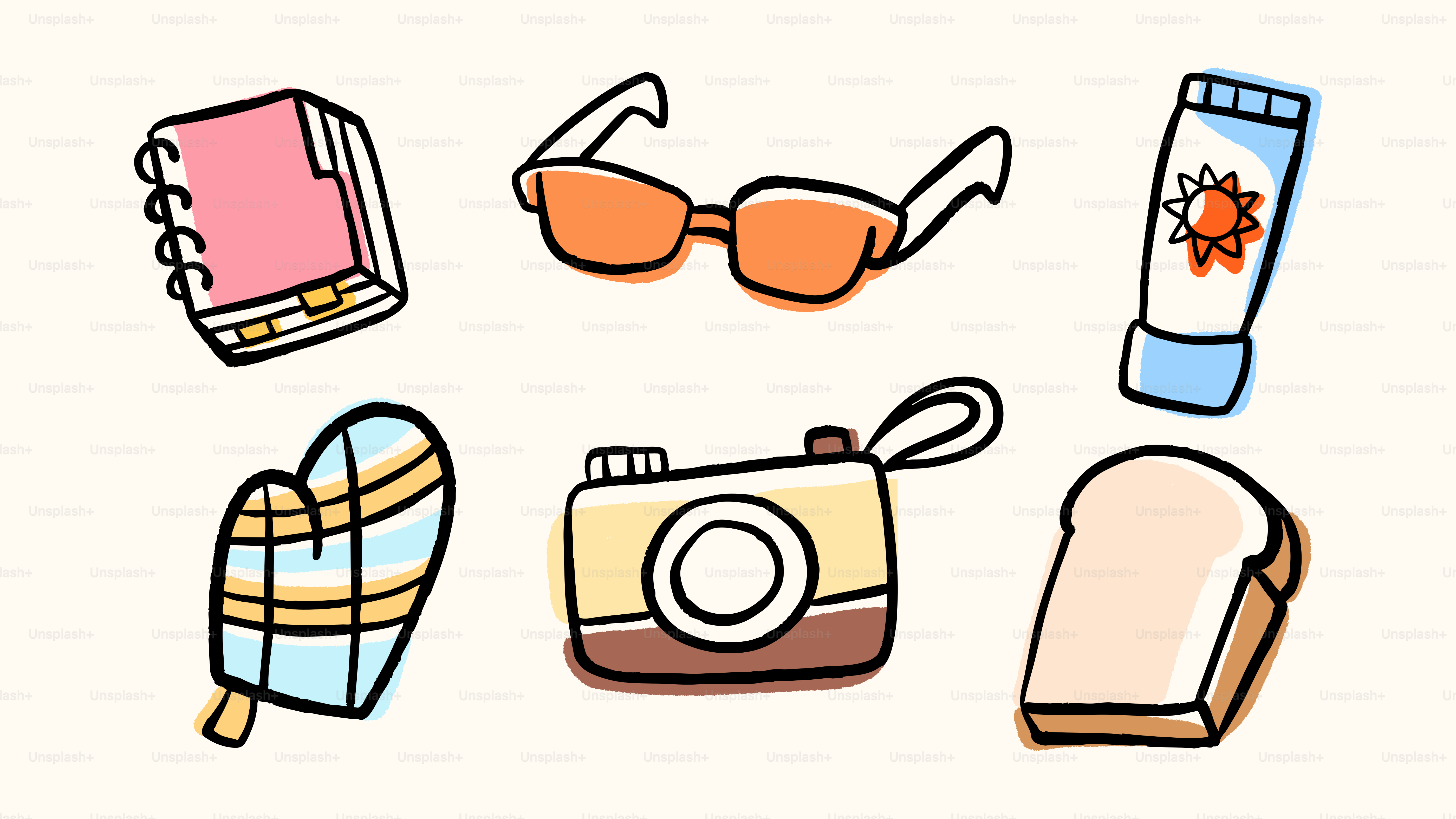 Travel essentials: notebook, sunglasses, sunscreen, oven mitt, camera, bread.
