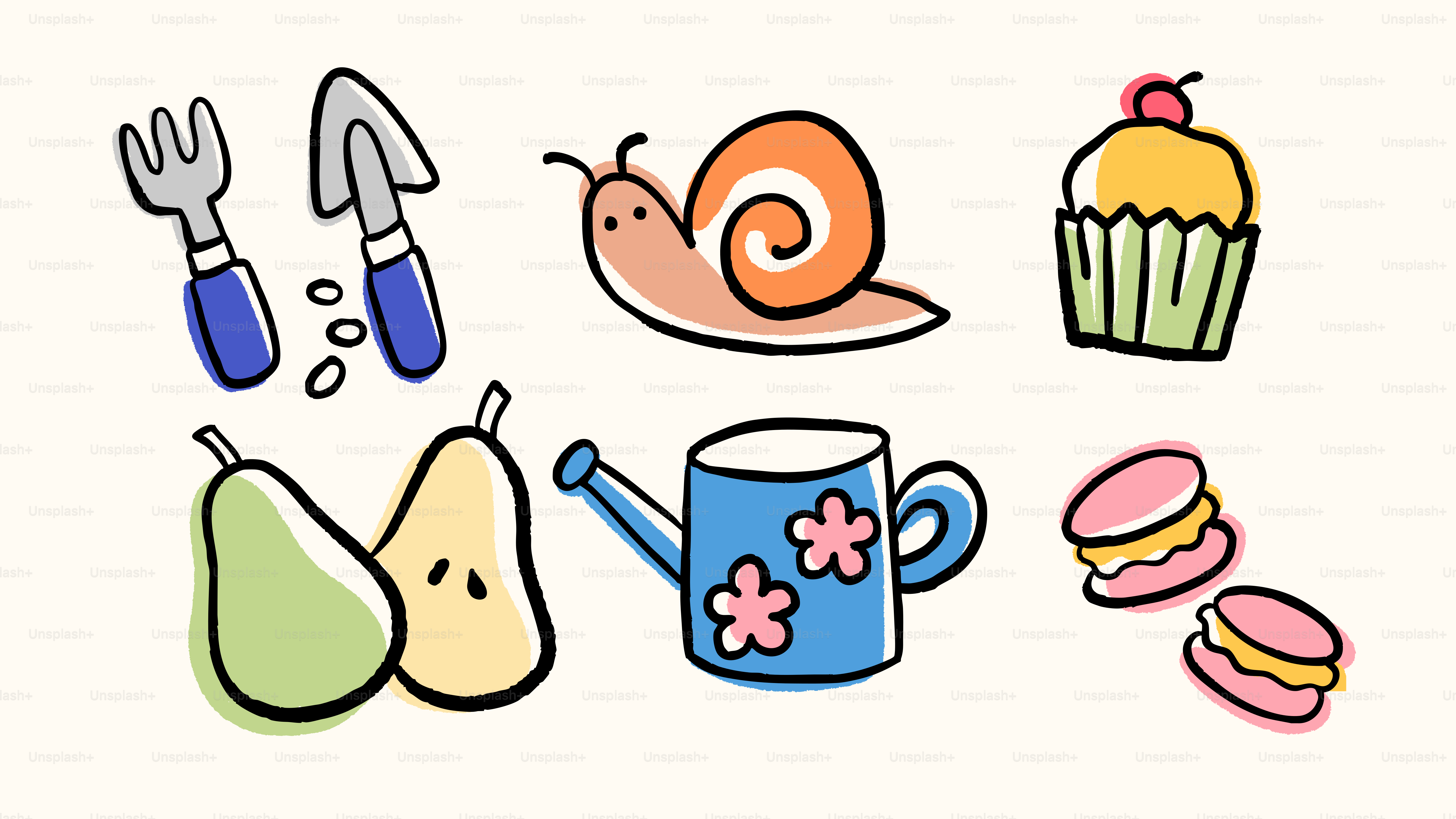 Garden tools, snail, cupcake, pears, watering can, macarons