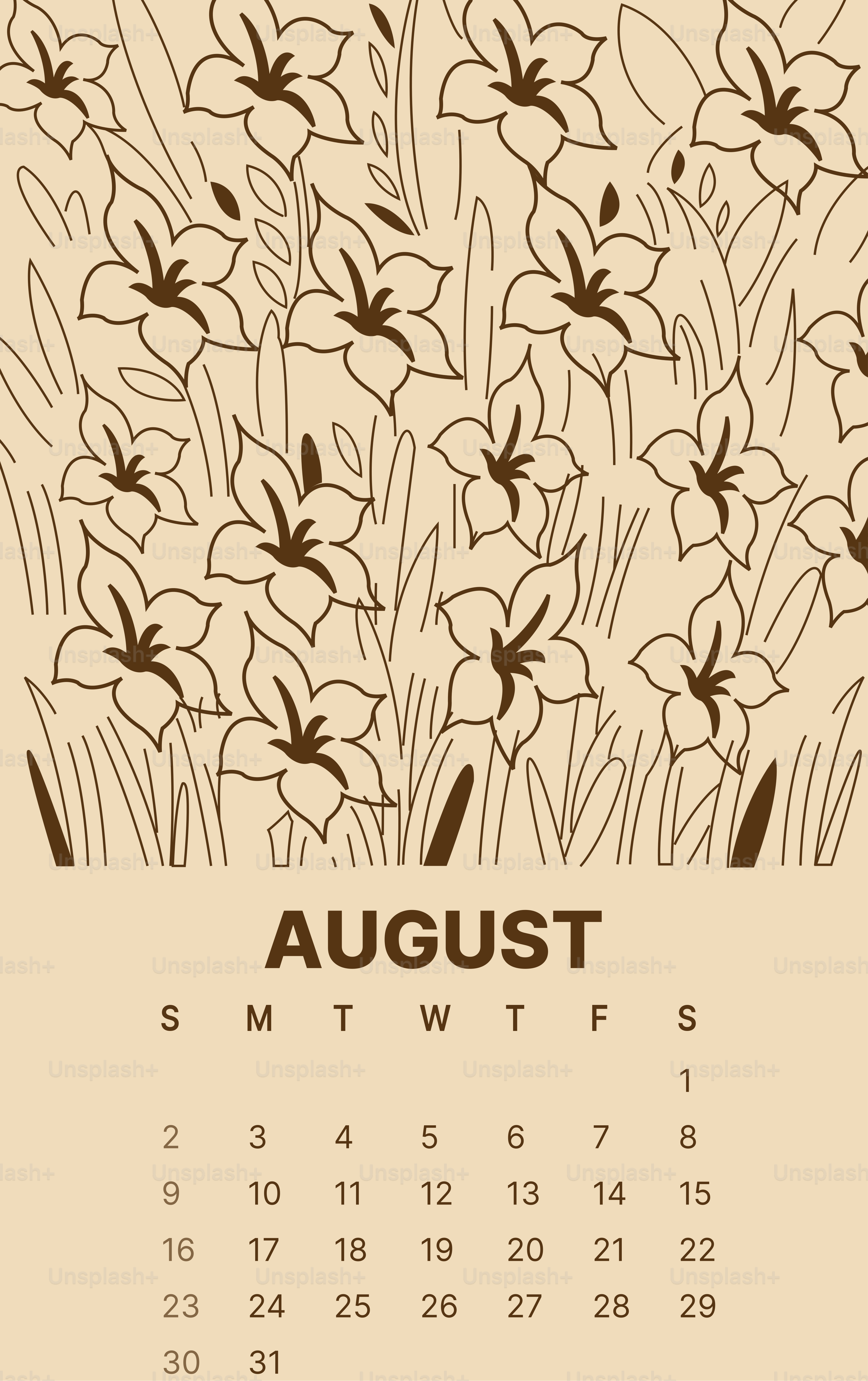 August calendar with floral line art