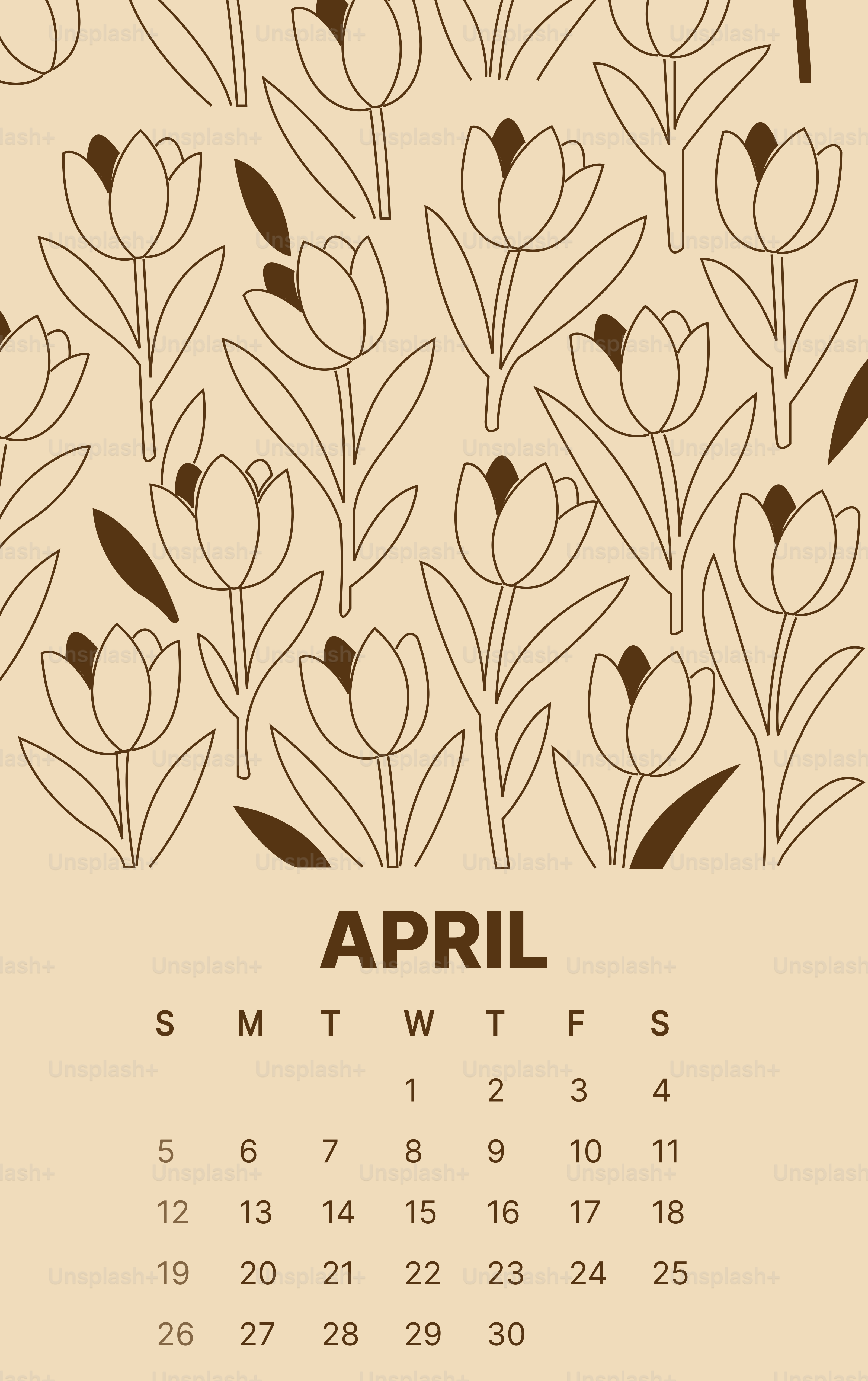 April calendar with a floral tulip pattern