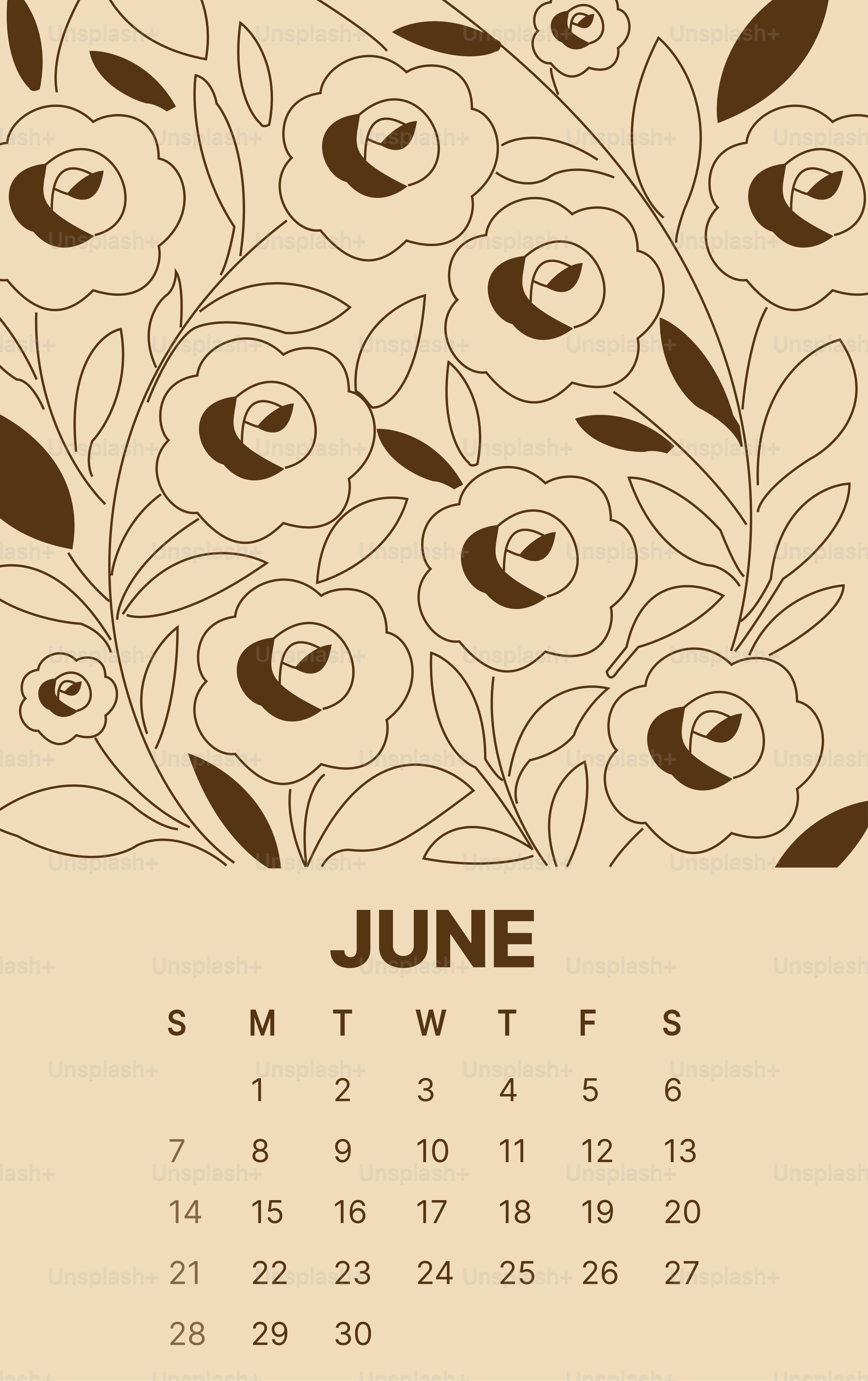 Calendário de junho com design de arte floral em linhas