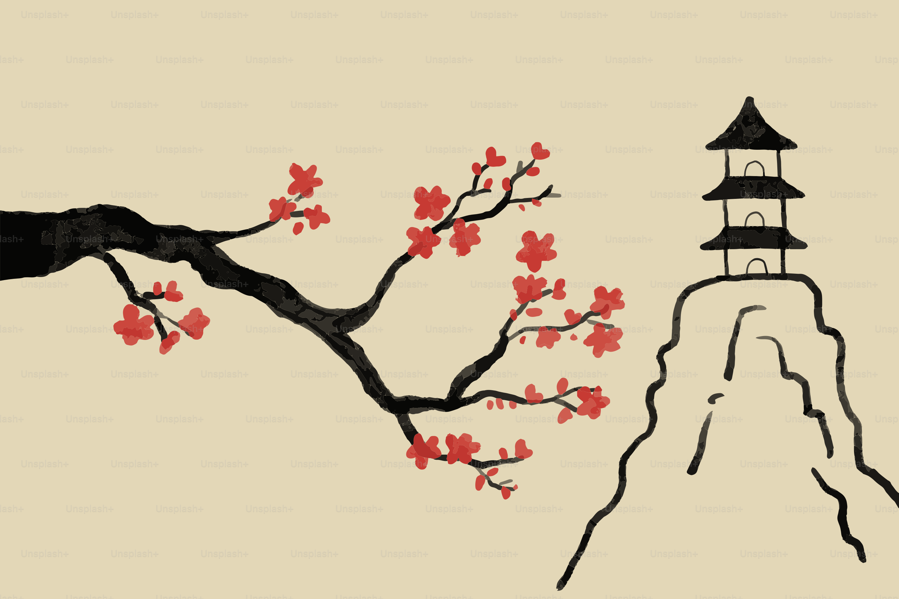 Pagoda on a cliff with blooming cherry blossoms