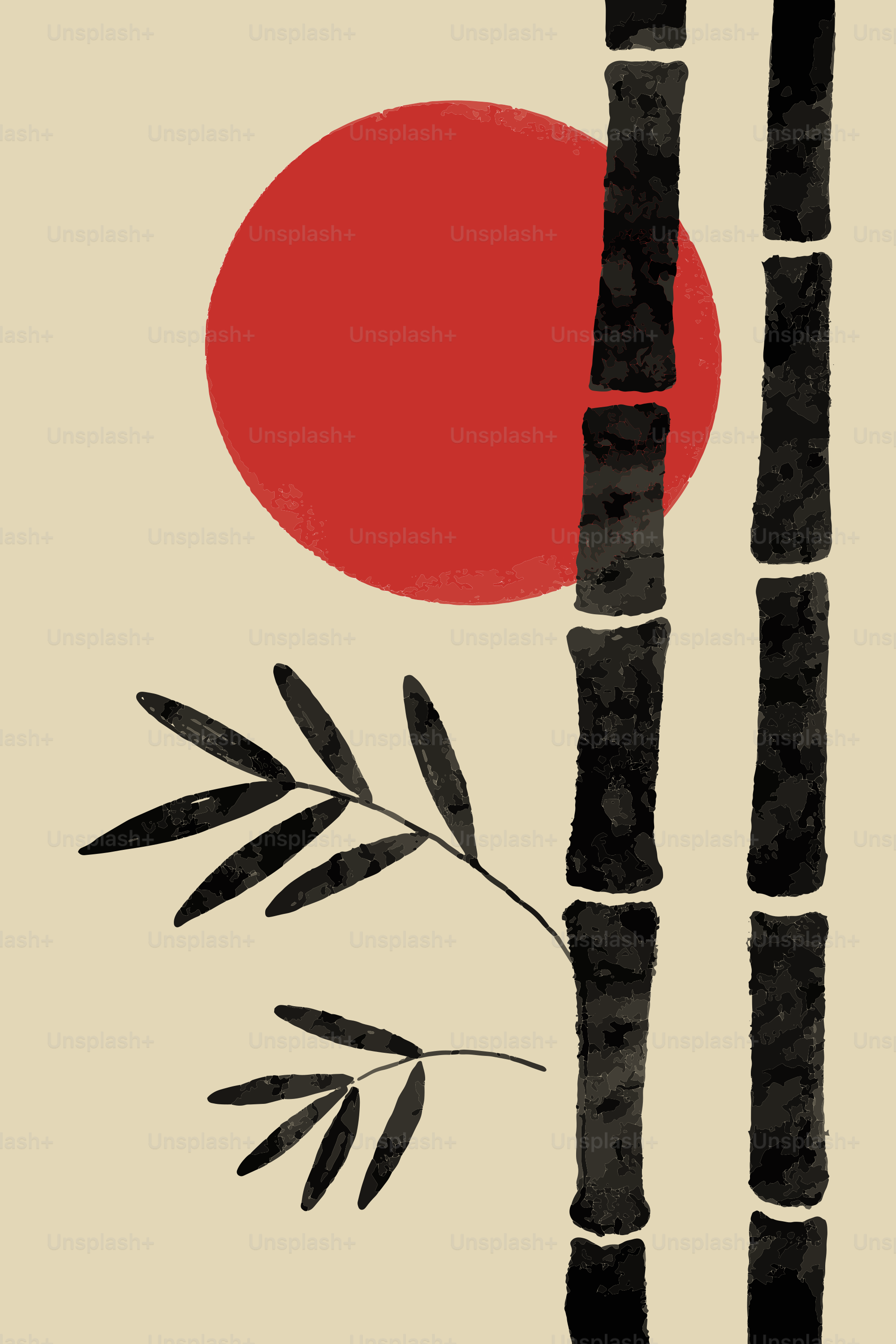 Bamboo stalks with a red sun on beige background