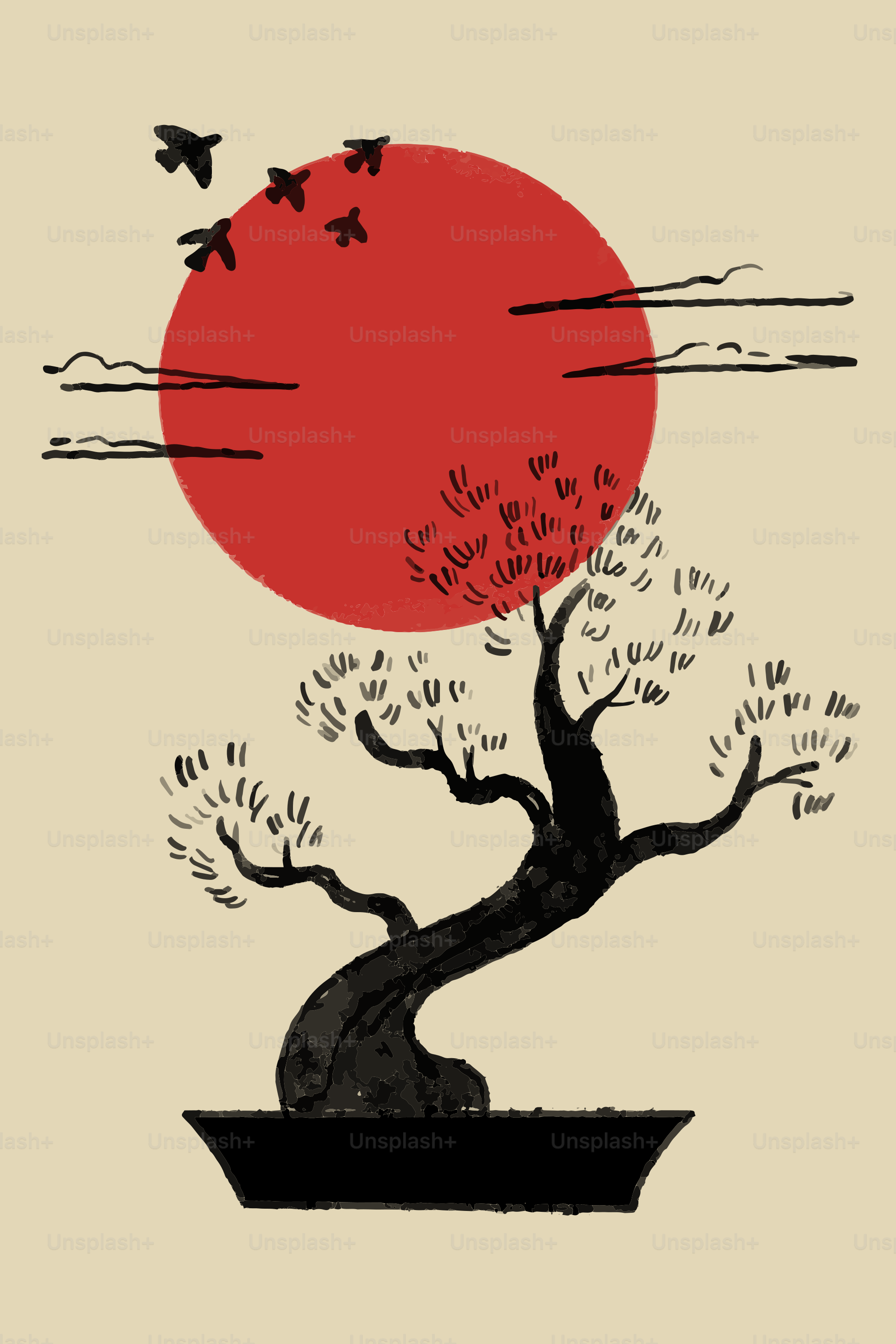 大きな赤い太陽と鳥がいる盆栽の木。