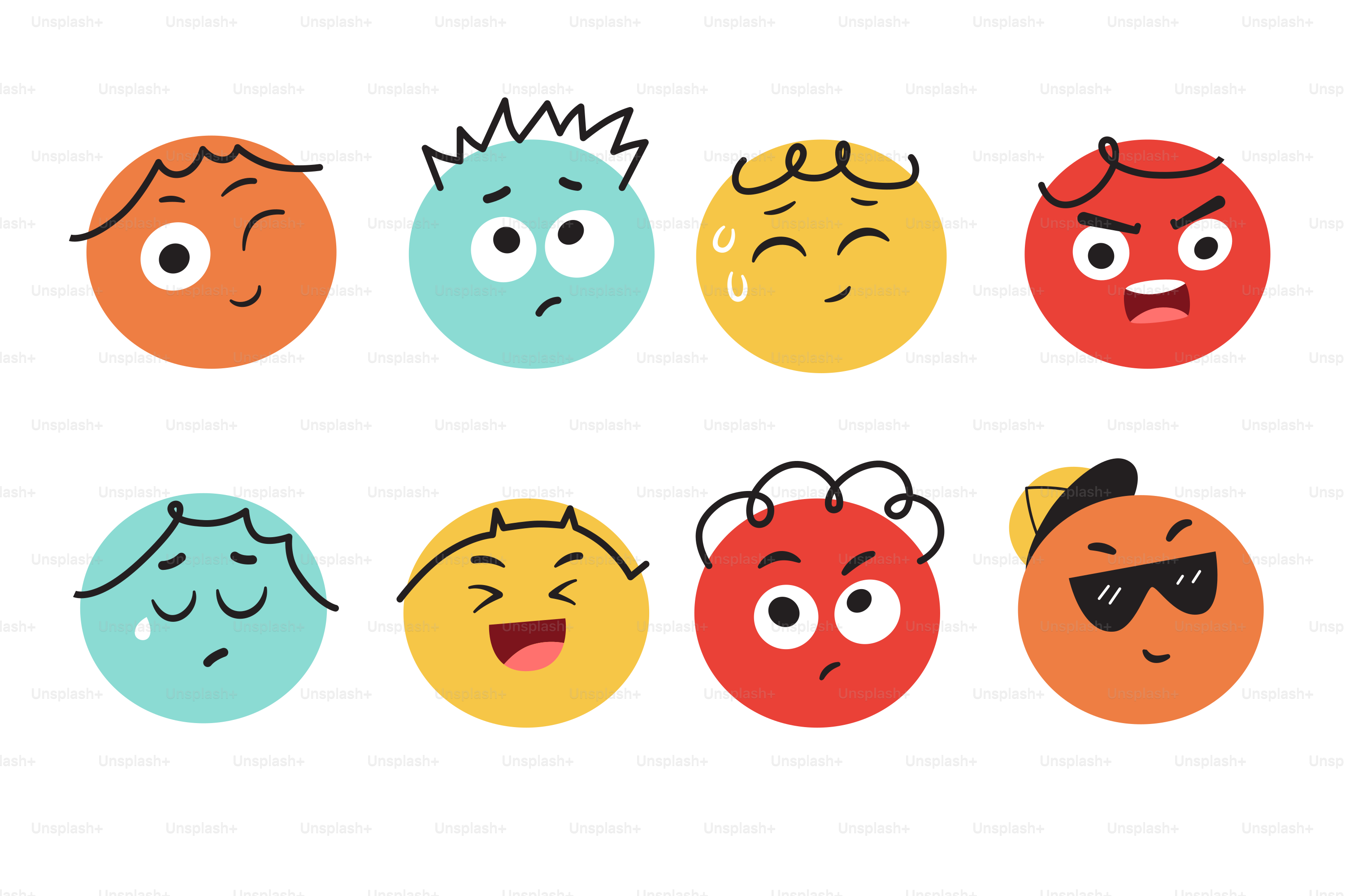 Eight cartoon faces showing different emotions