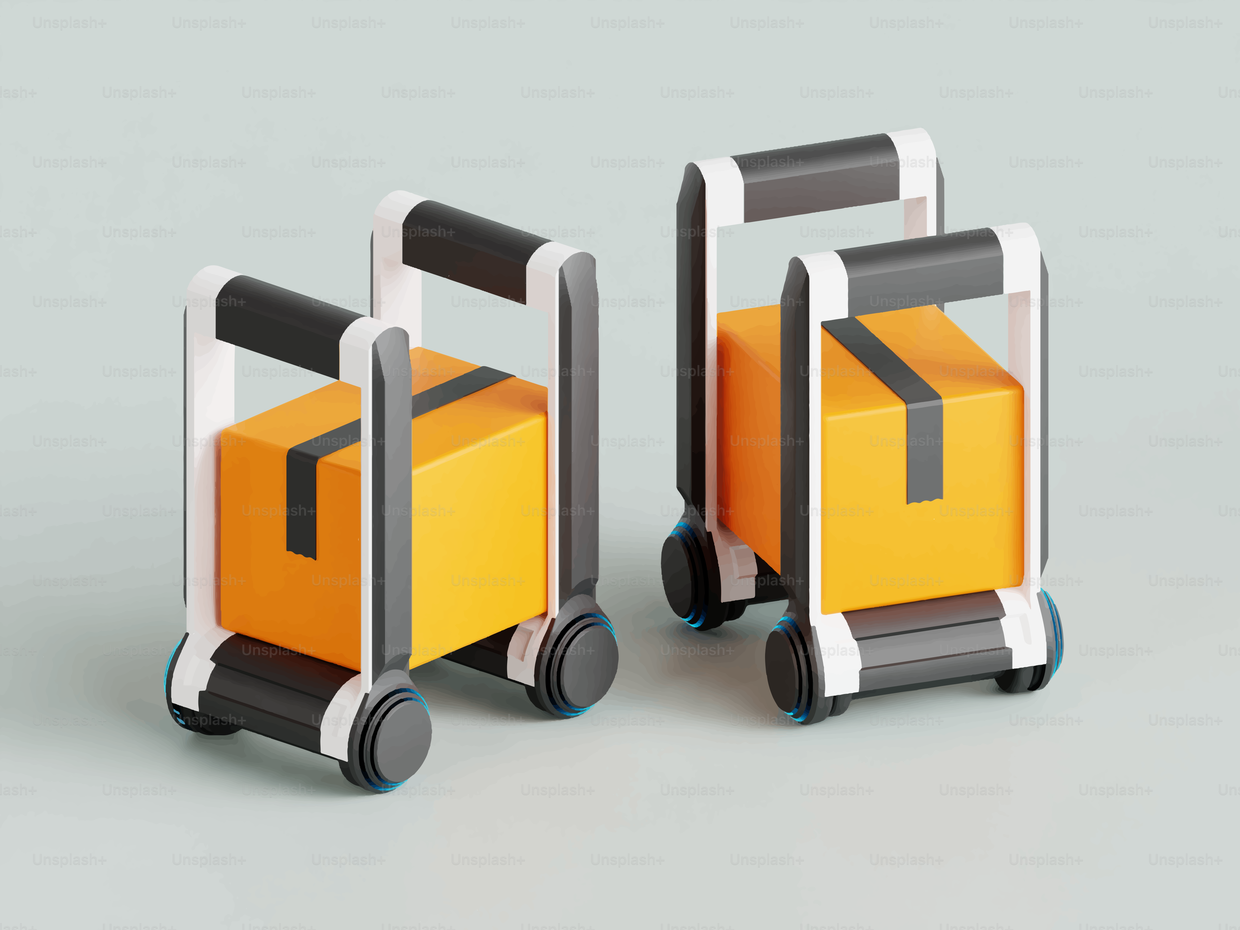 Dos carros de reparto con cajas naranjas sobre fondo gris