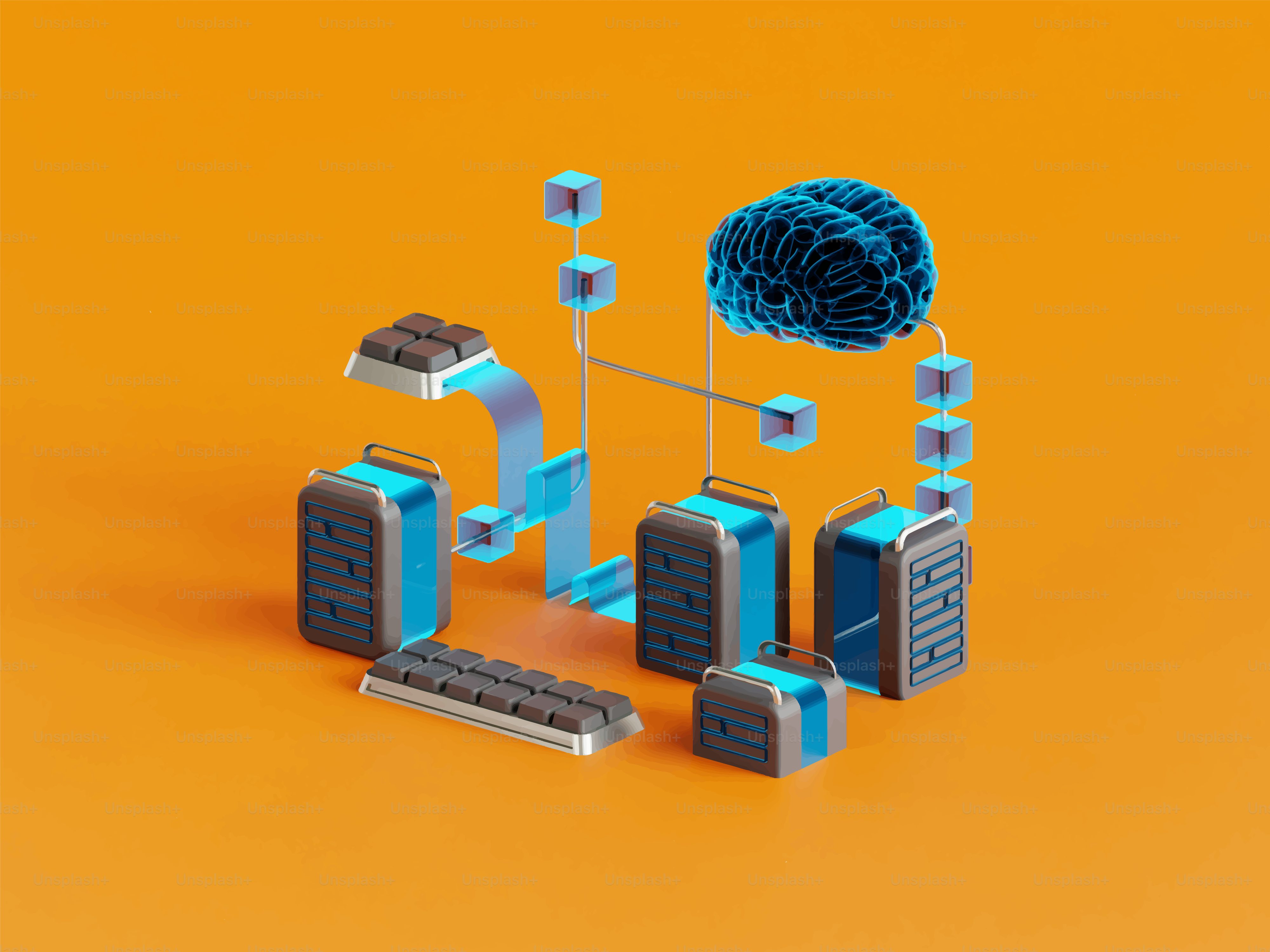 Rendu 3D du cerveau de l’IA connecté à des serveurs