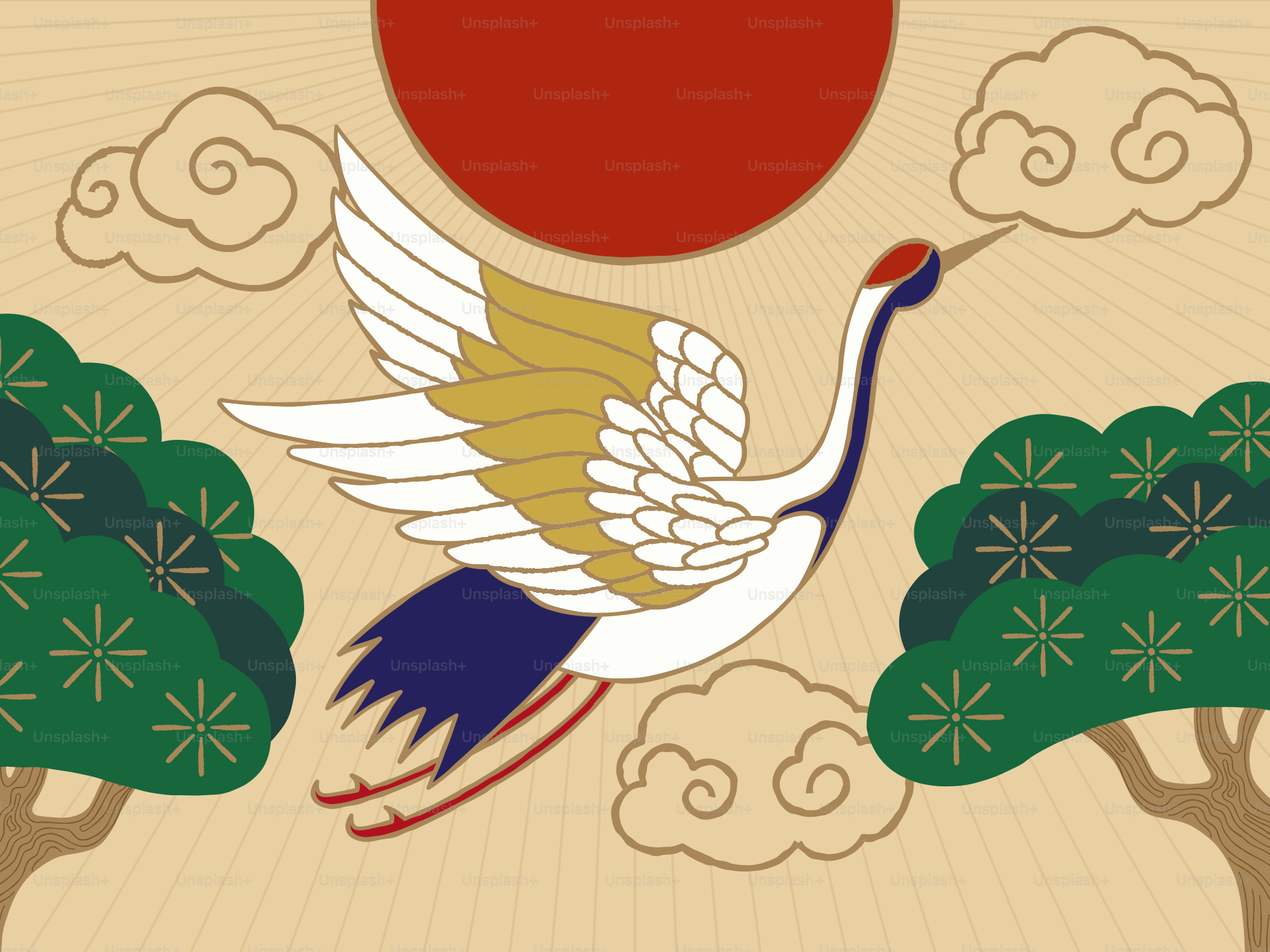 A crane flies towards a red sun with trees.