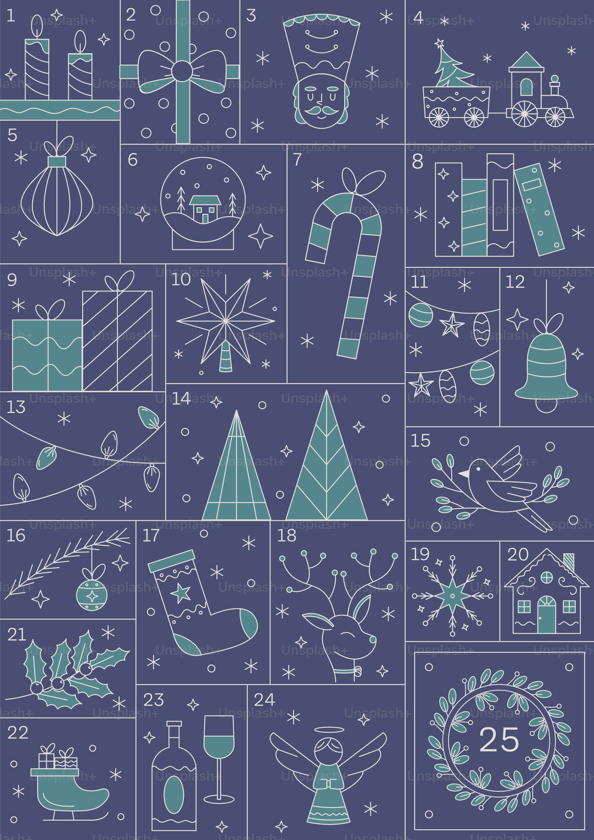 Christmas advent calendar with festive icons.