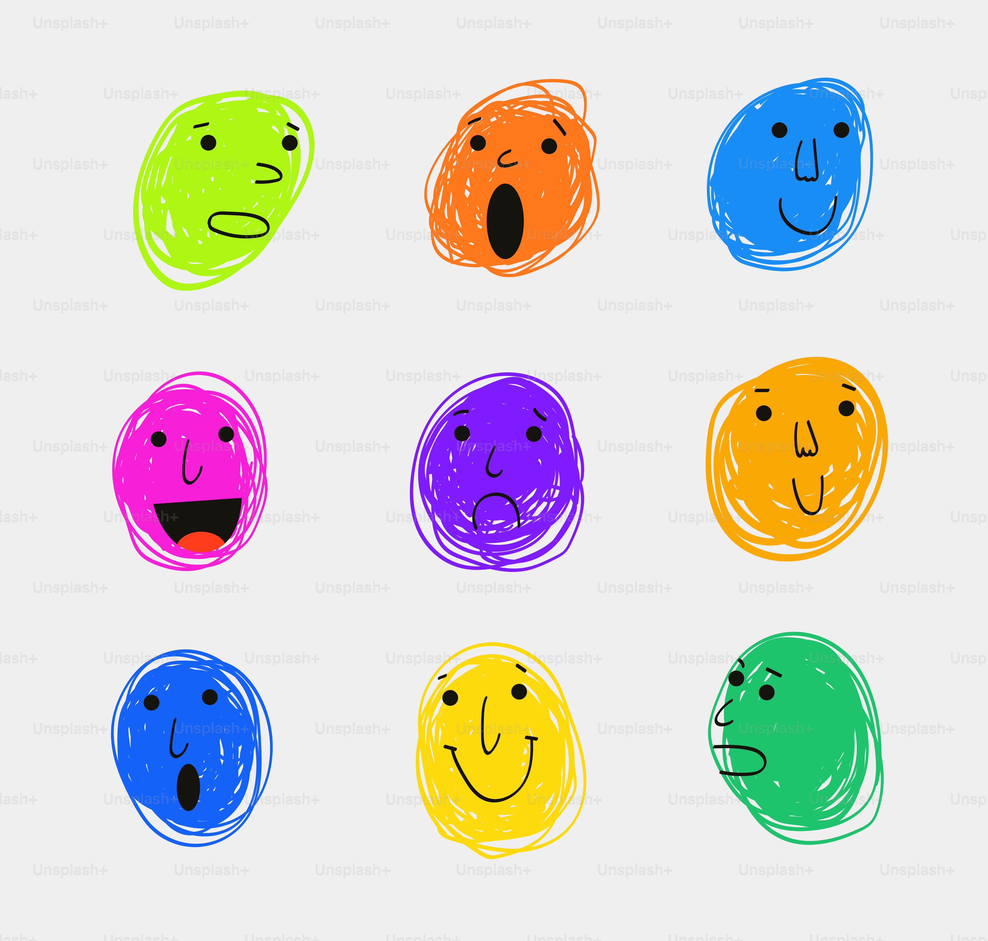 Nine colorful abstract faces with different expressions