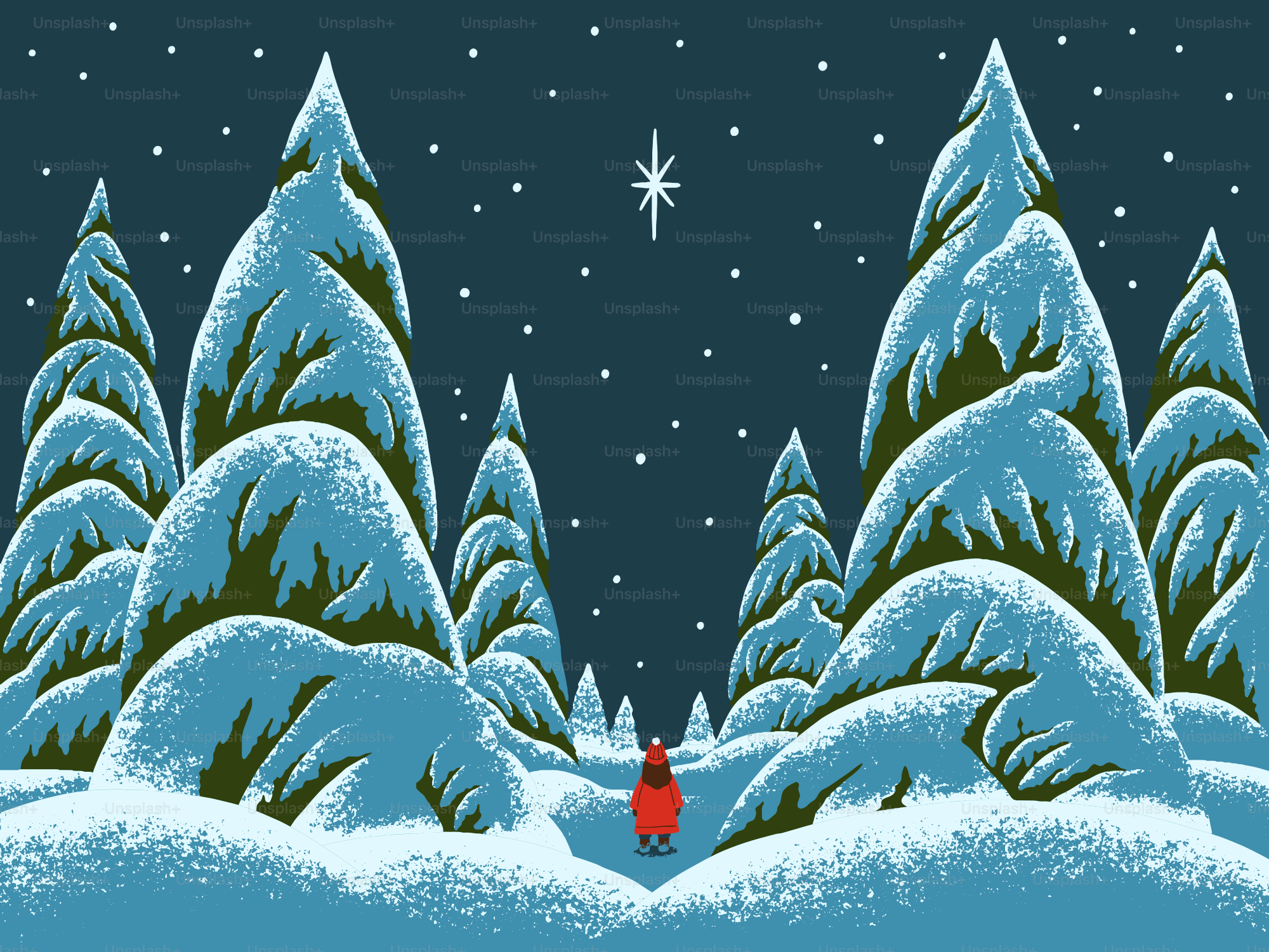 A lone figure walks through a snowy forest at night.