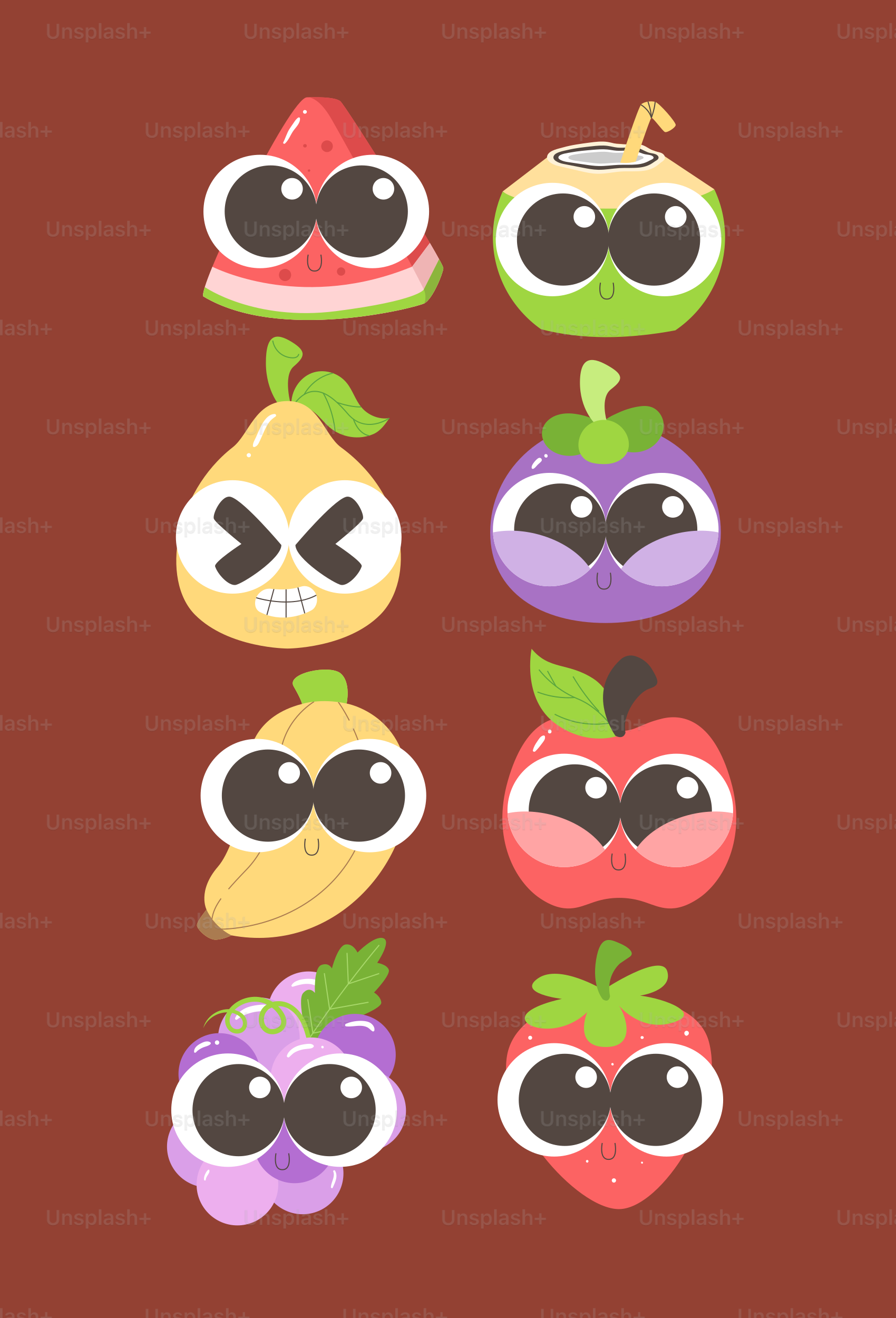 Cute cartoon fruits with big eyes on brown background