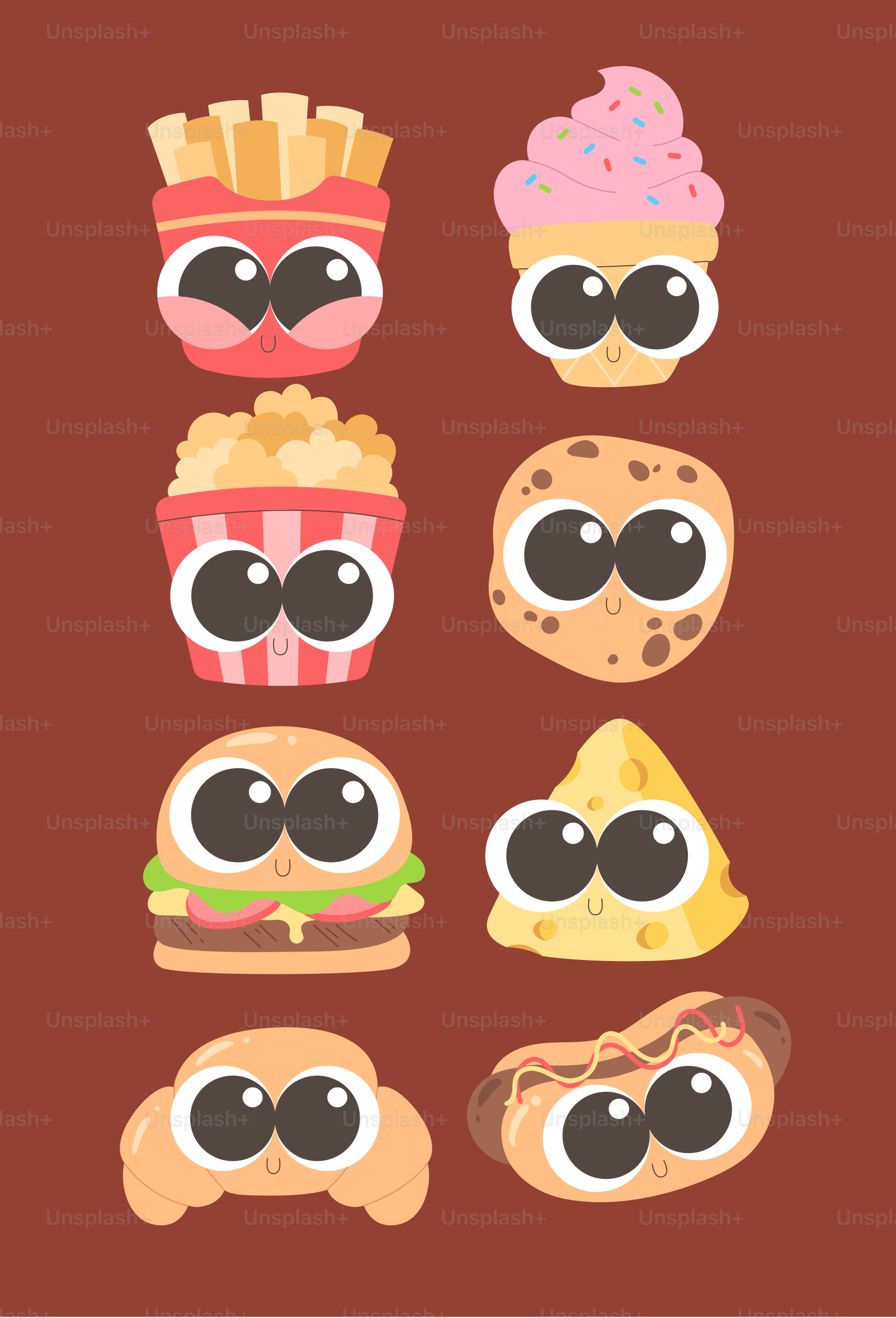 Cute cartoon food characters with big eyes