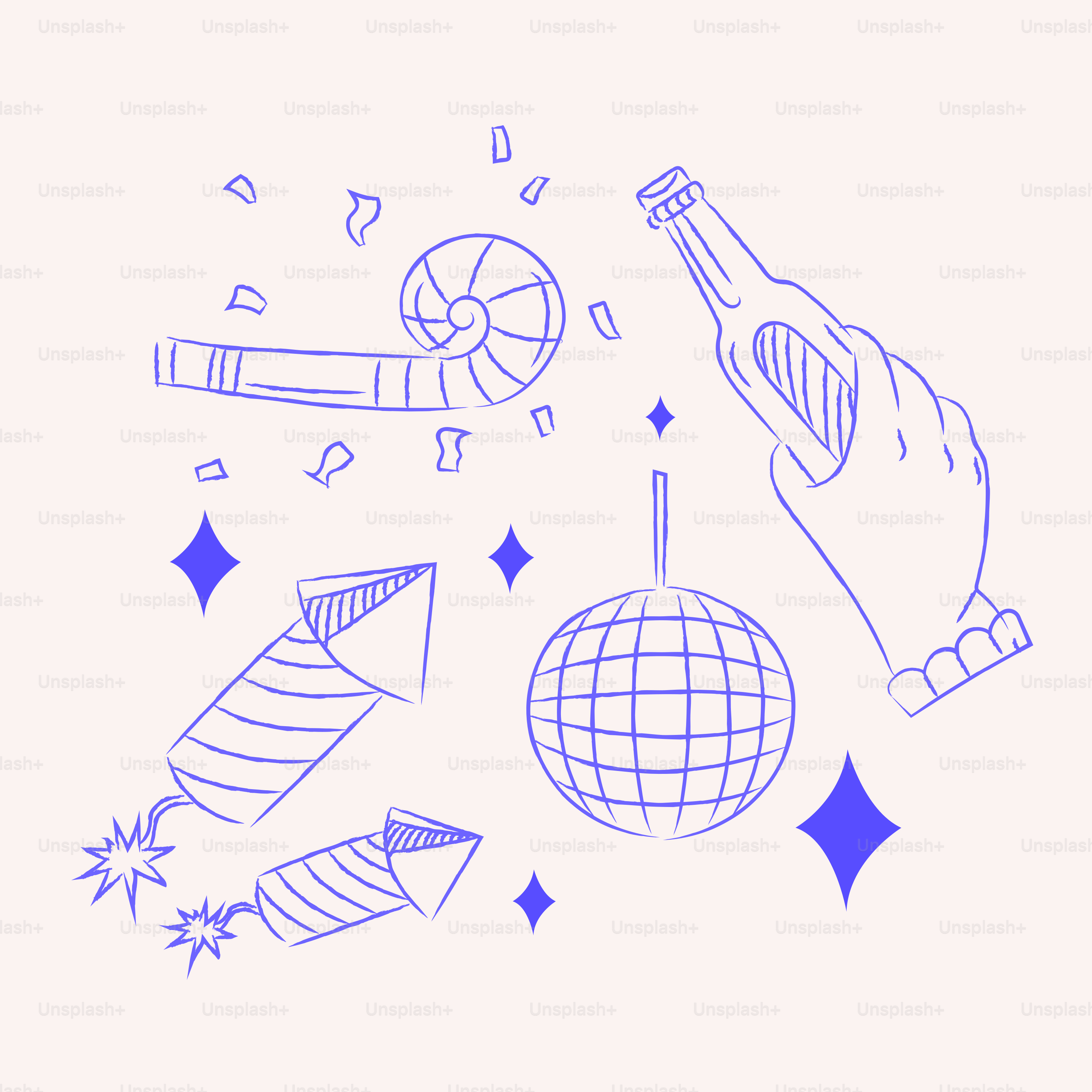 Party elements with fireworks, disco ball, and noisemaker.