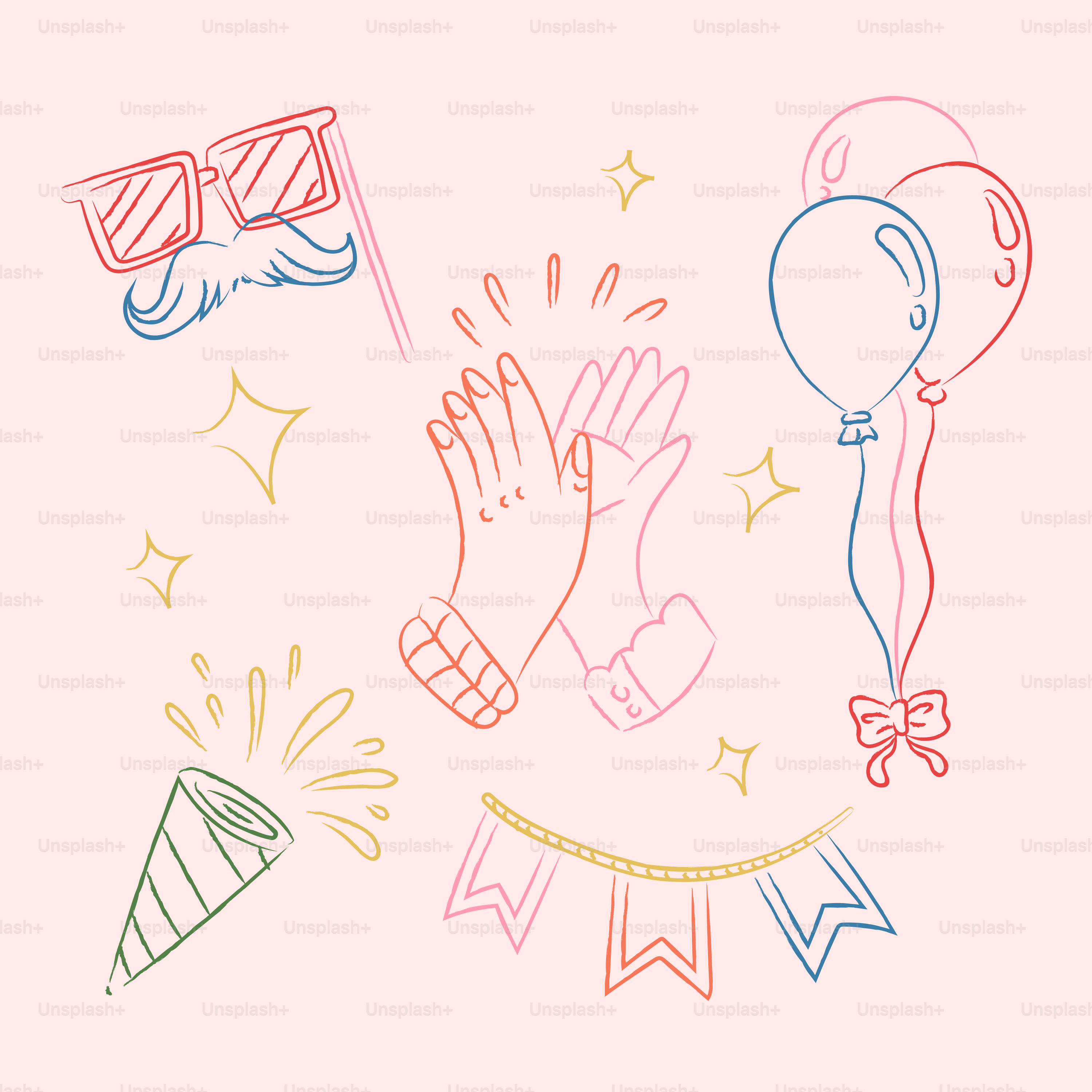 Party-Elemente: Luftballons, Konfetti und Requisiten.