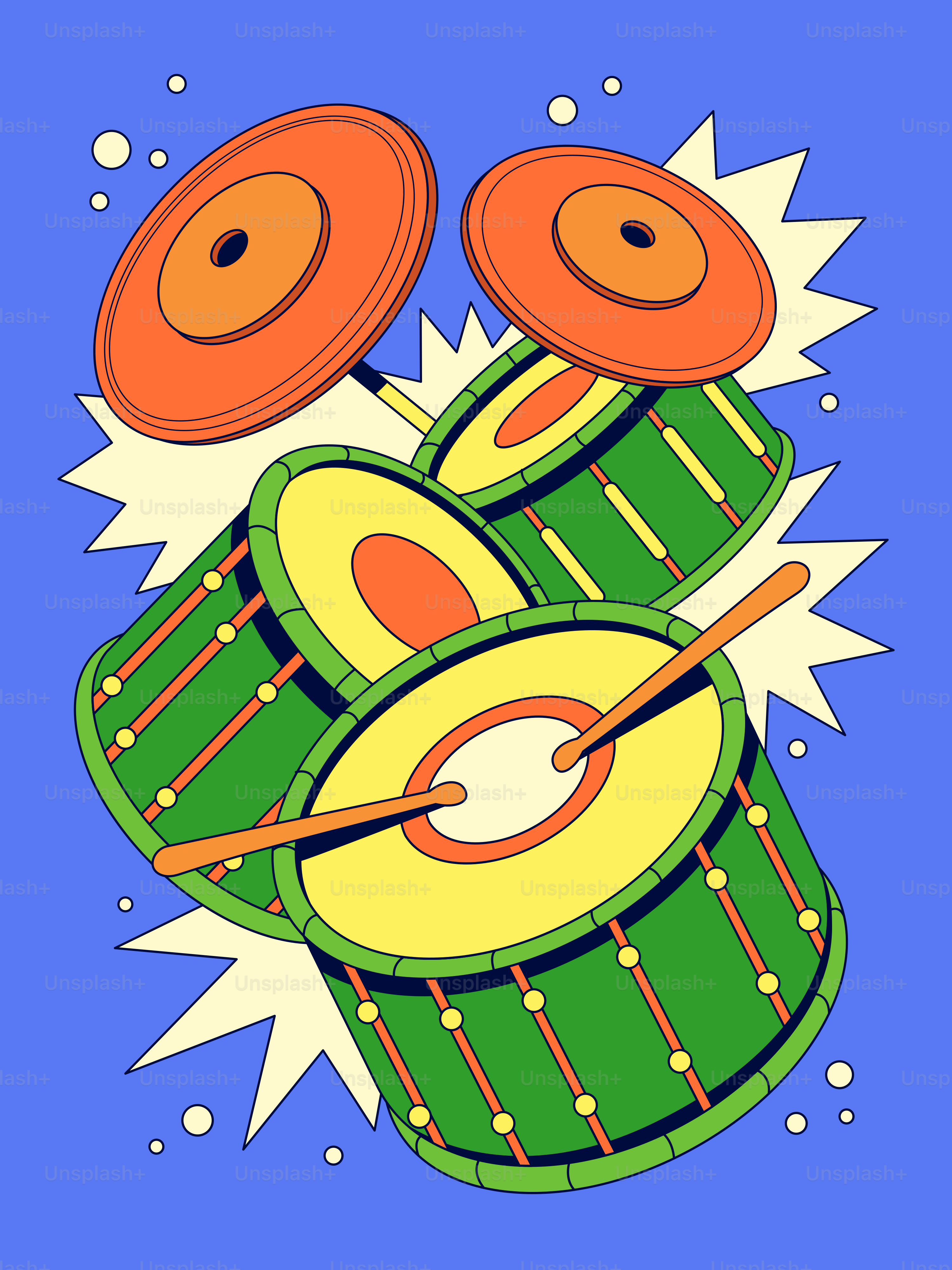 Grüne Trommeln und Becken mit Trommelstöcken auf blauem Hintergrund.