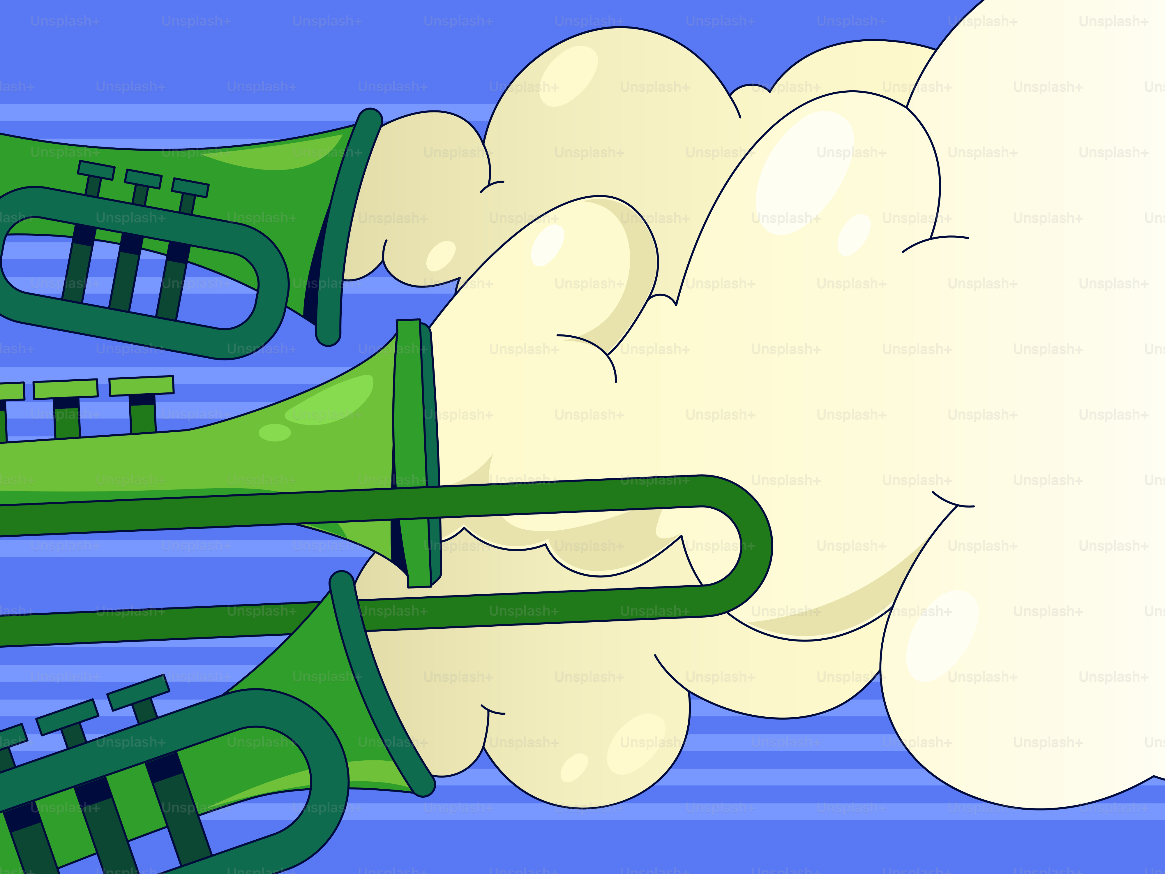 Green trumpets blowing out light yellow clouds