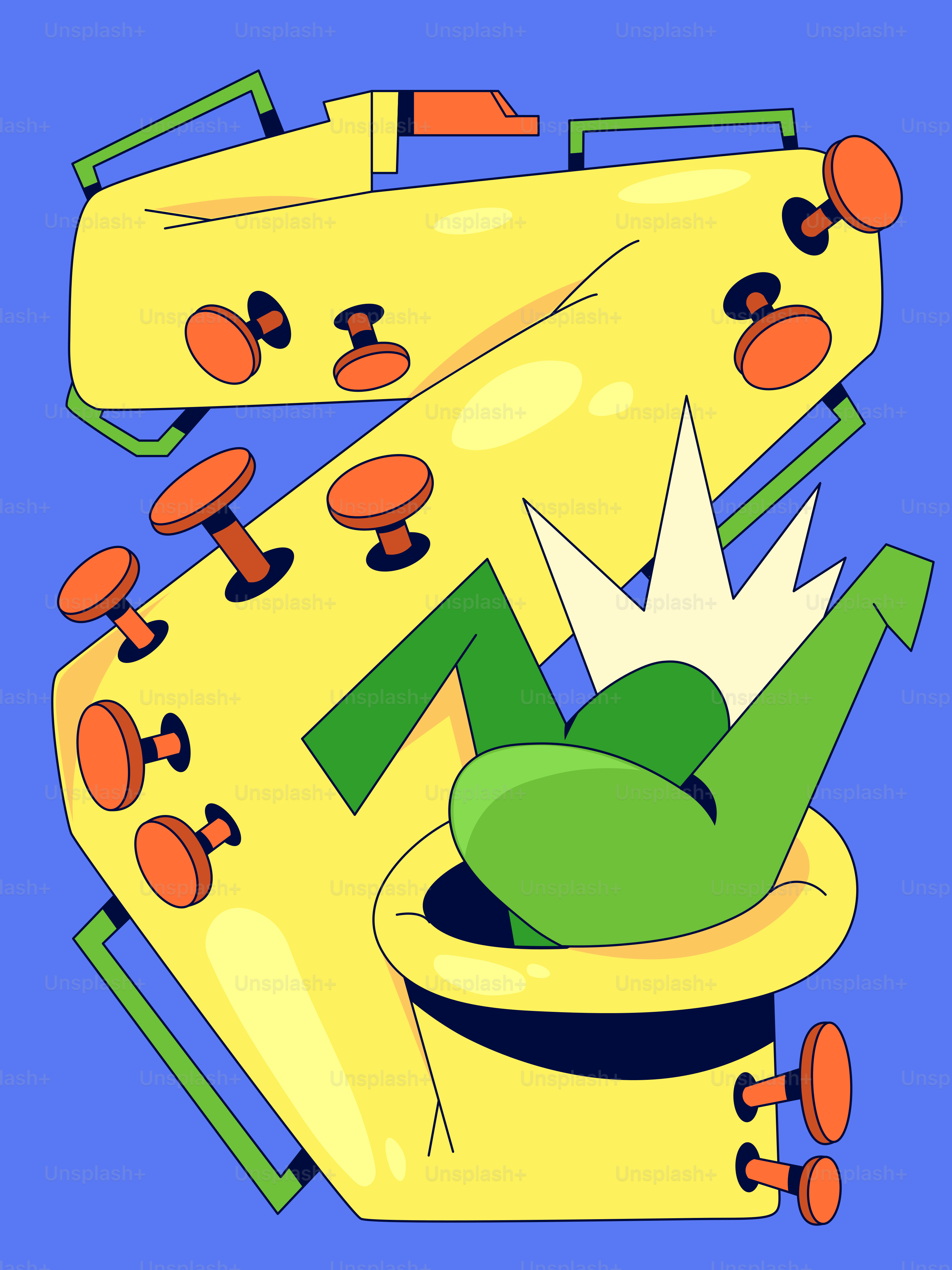 A cartoon character emerges from a yellow abstract shape.