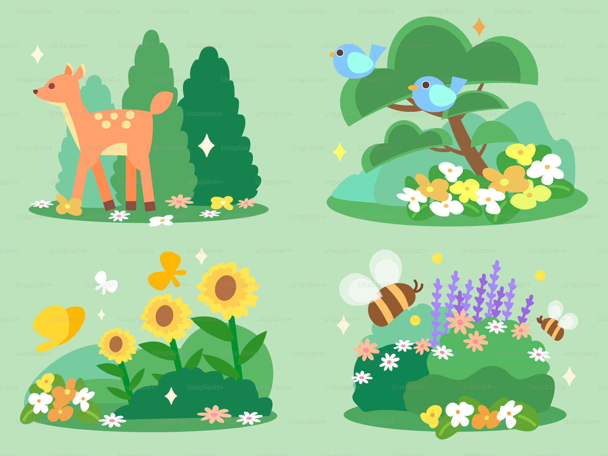 Four colorful nature scenes with animals and flowers