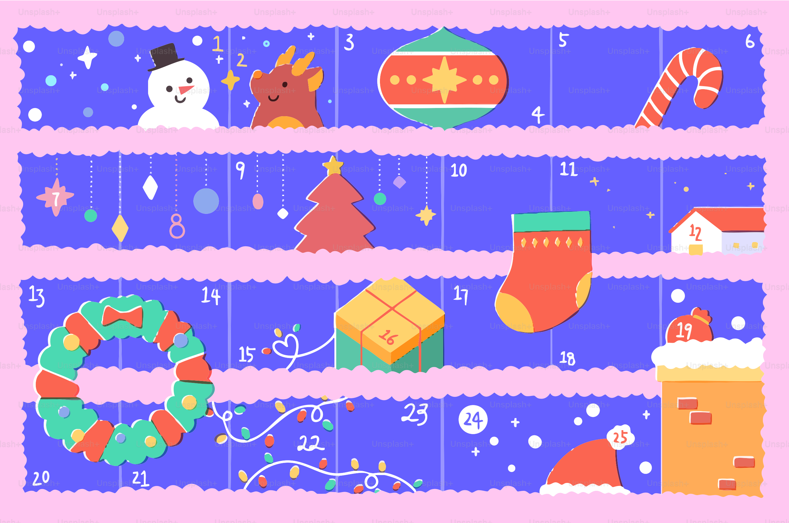 Christmas advent calendar with festive icons.