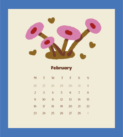 February calendar with pink floral illustration and hearts