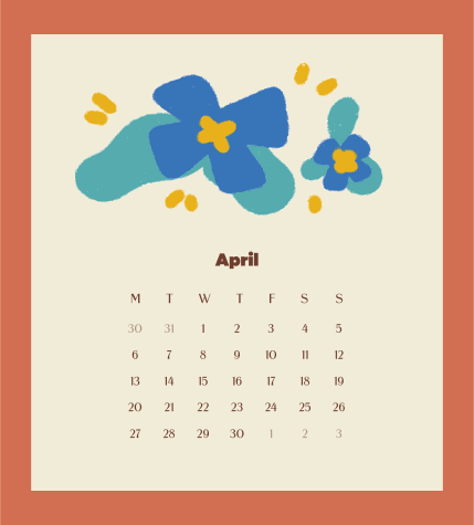 抽象的な青い花が描かれた4月のカレンダー