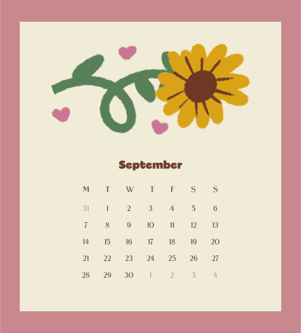 Página del calendario de septiembre con girasol y corazones