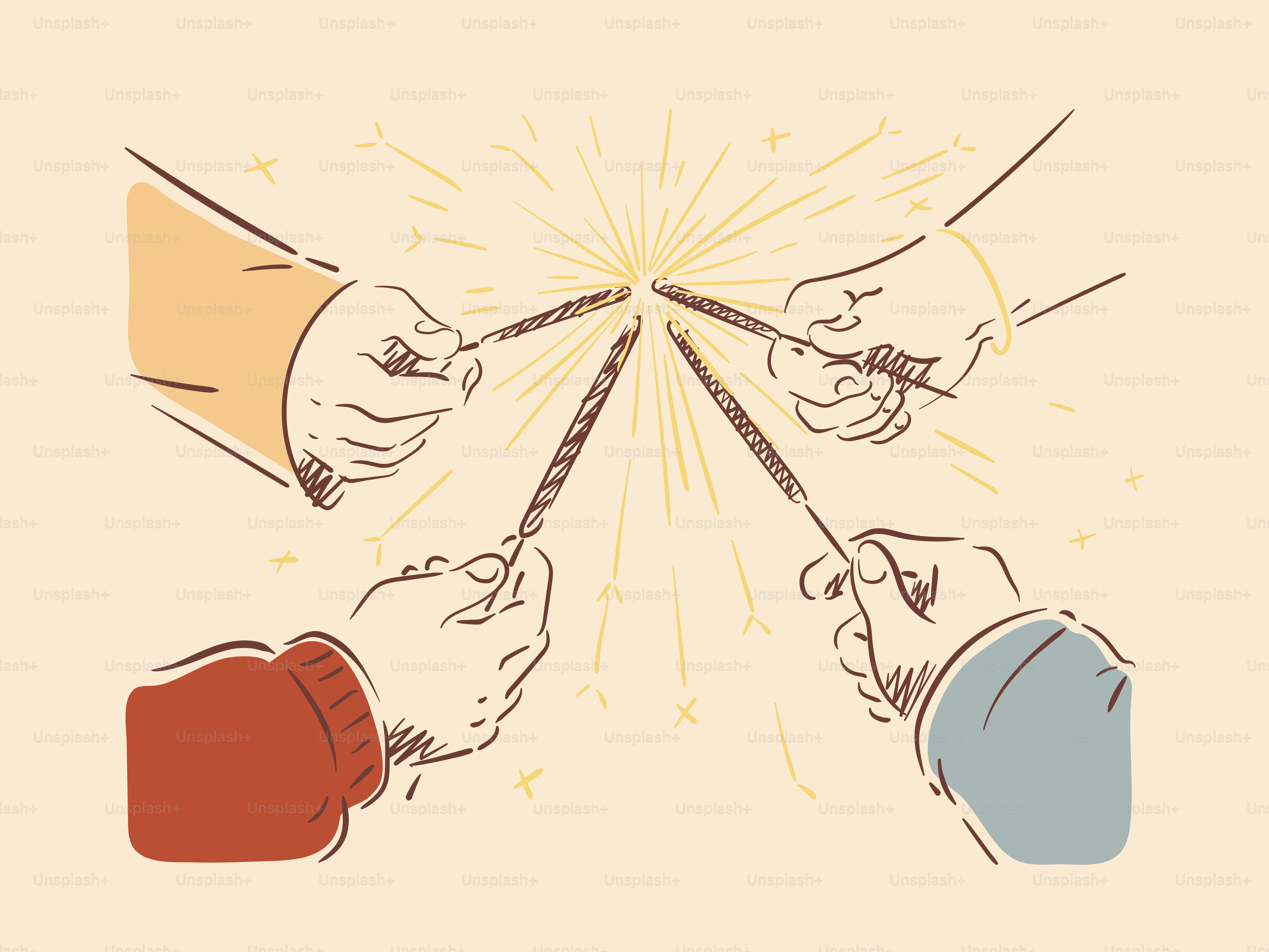 Four hands holding sparklers together