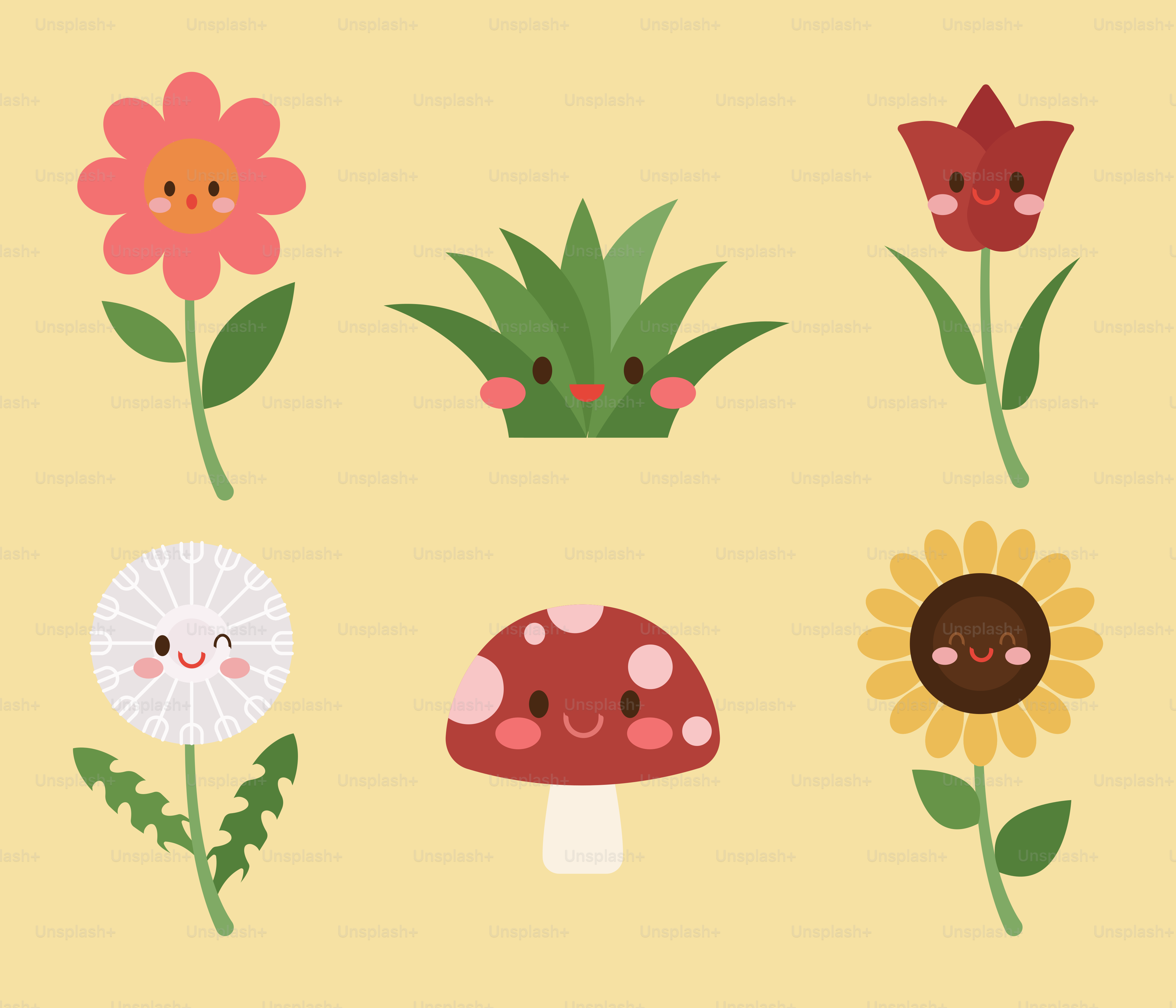 Cute cartoon flowers, grass, and mushroom characters.
