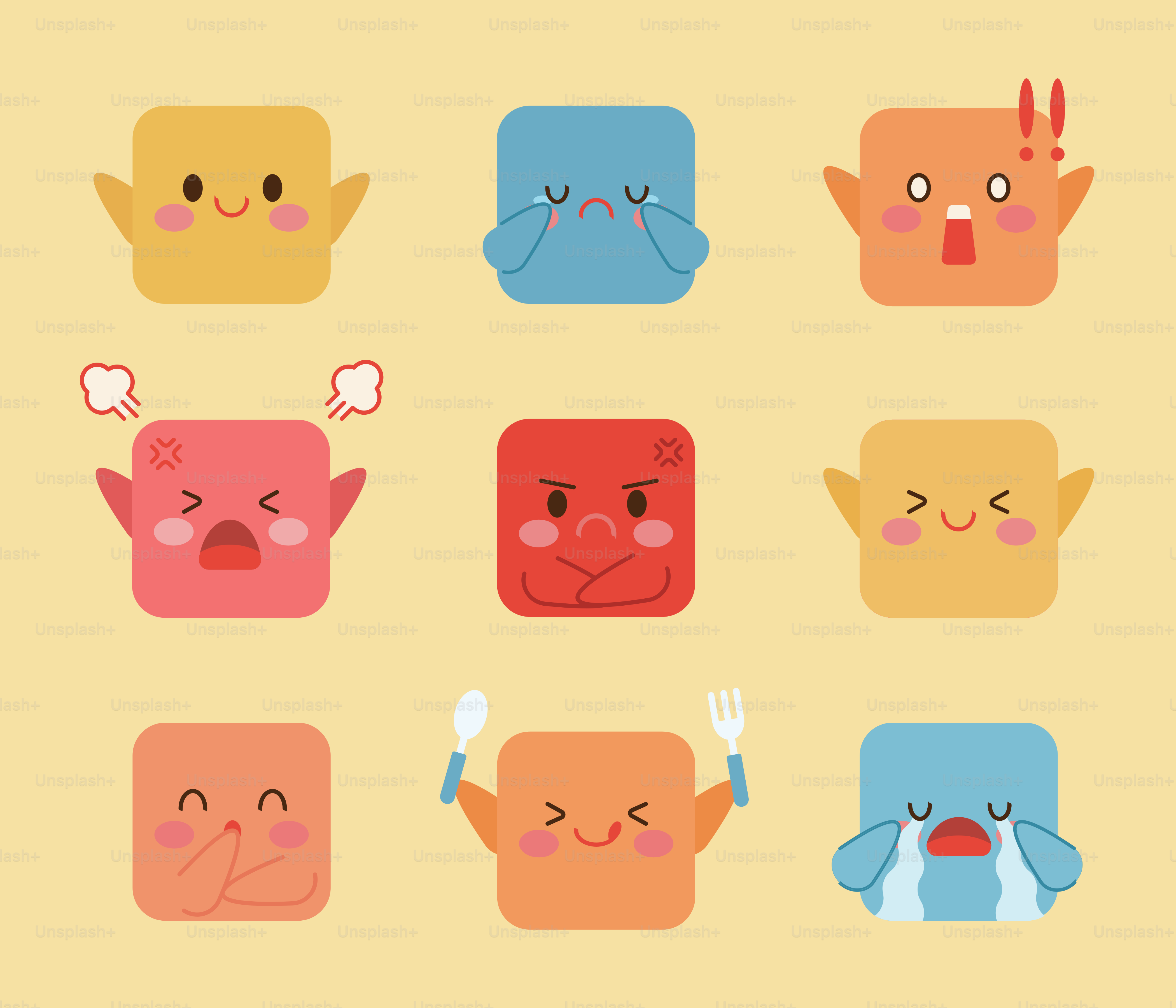 Nine square cartoon faces showing different emotions