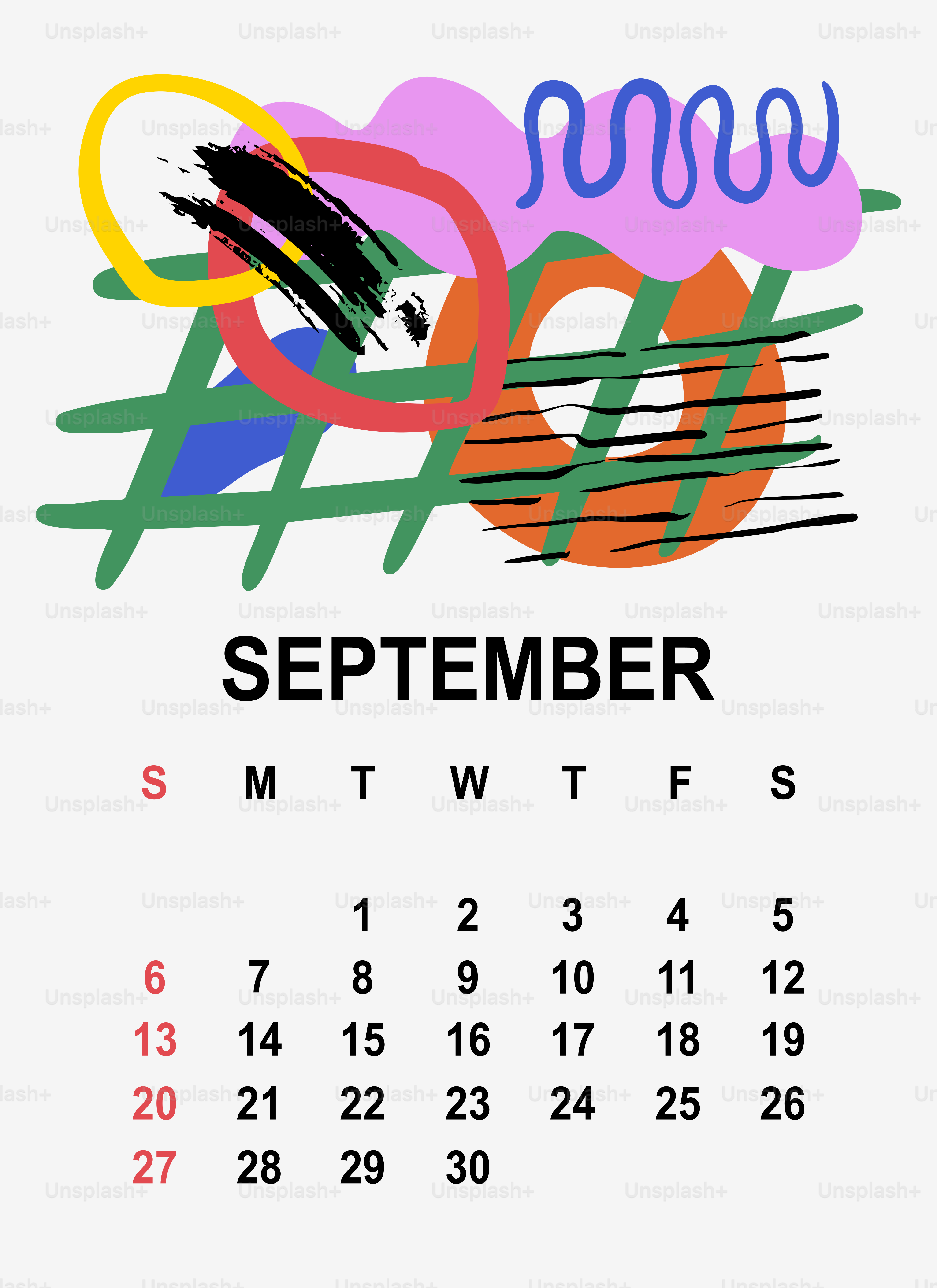 Formas abstractas y calendario de septiembre sobre fondo blanco