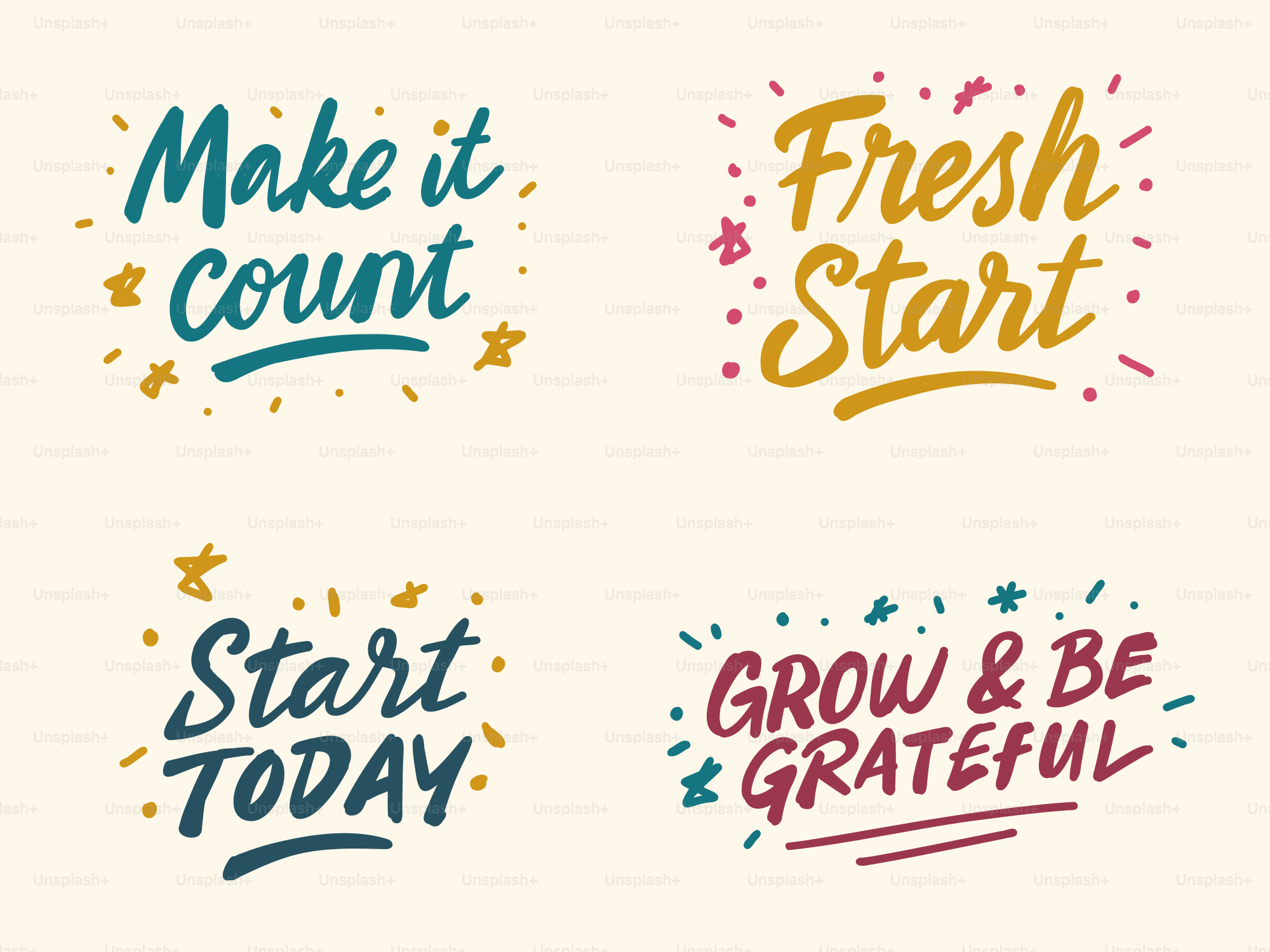 Four inspirational quotes with colorful lettering.