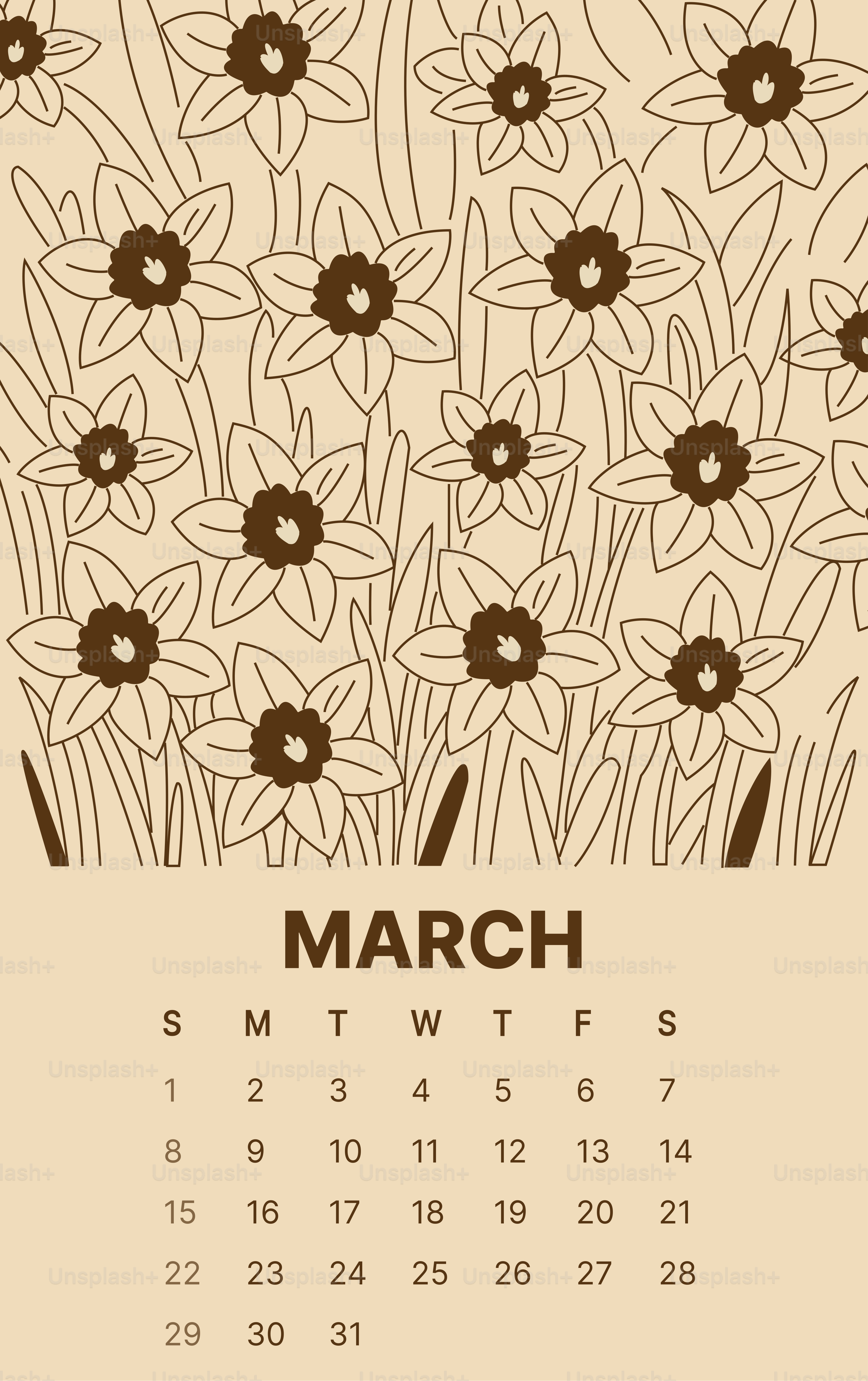 March calendar with daffodil flowers